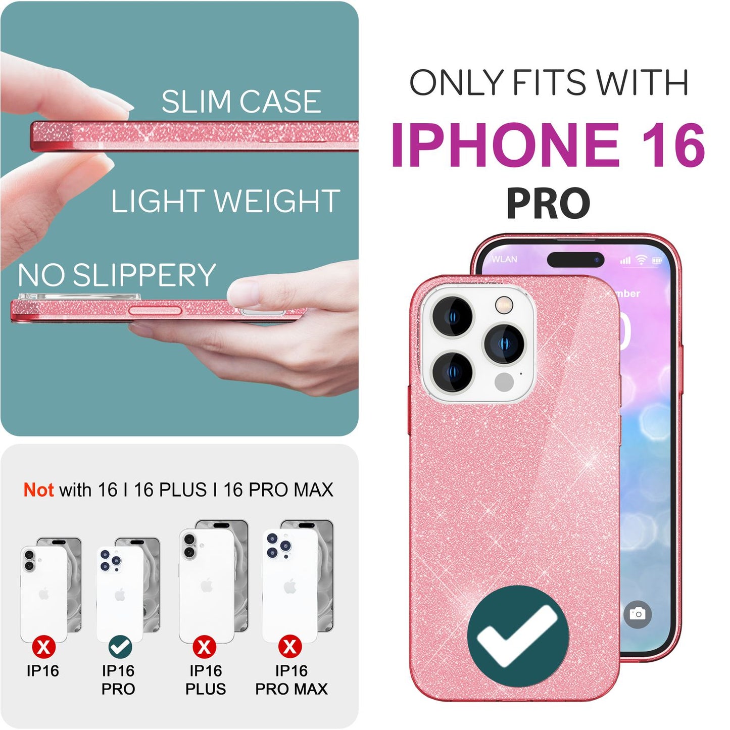 NALIA Glitter Hybrid hulstur fyrir iPhone 16 Pro, styrkt sílikon símahulstur, glansandi glitrandi hlífðarhulstur