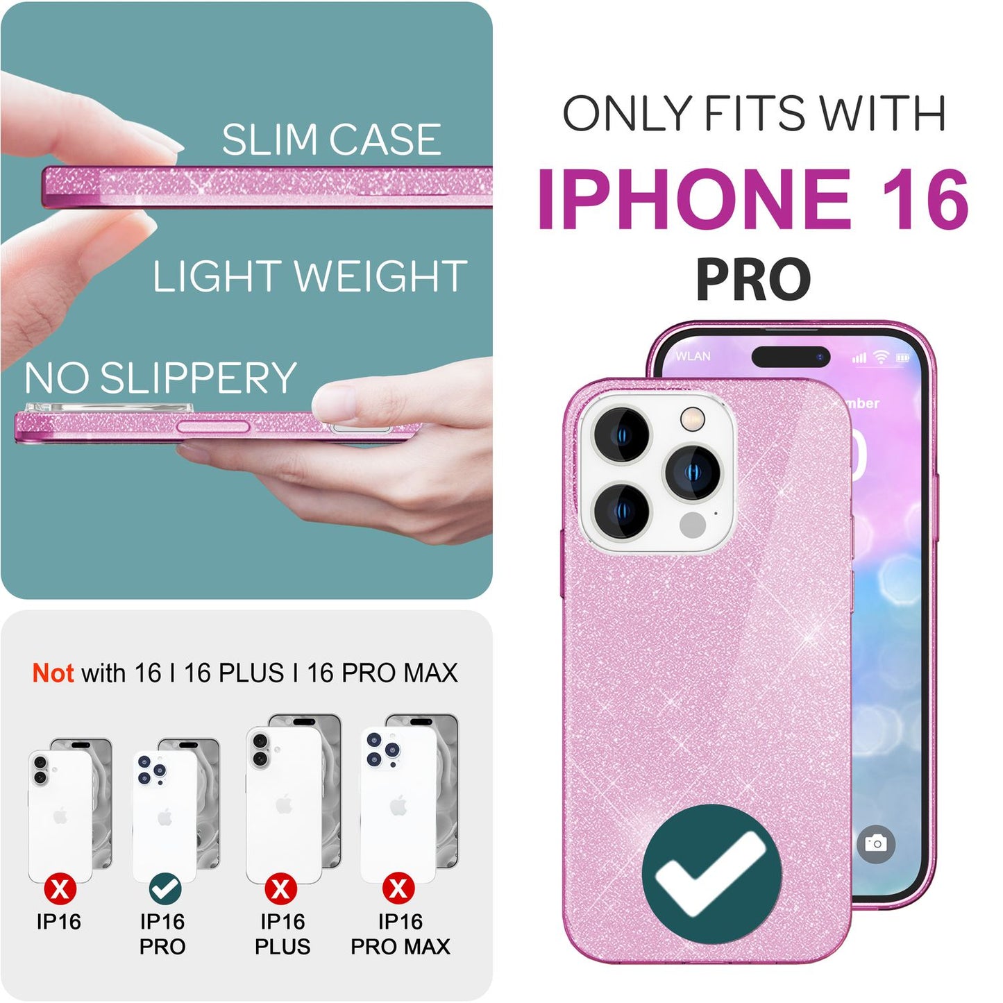 NALIA Glitter Hybrid hulstur fyrir iPhone 16 Pro, styrkt sílikon símahulstur, glansandi glitrandi hlífðarhulstur