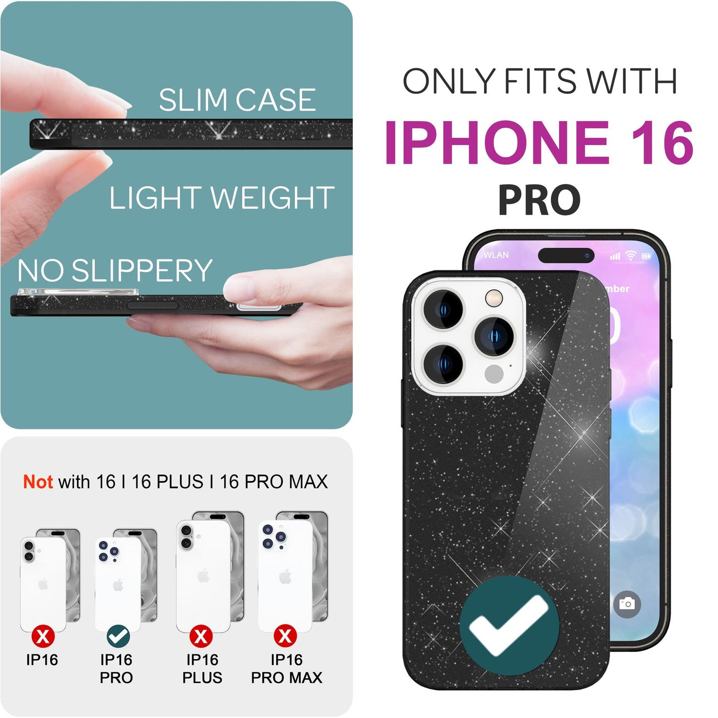 NALIA Glitter Hybrid hulstur fyrir iPhone 16 Pro, styrkt sílikon símahulstur, glansandi glitrandi hlífðarhulstur