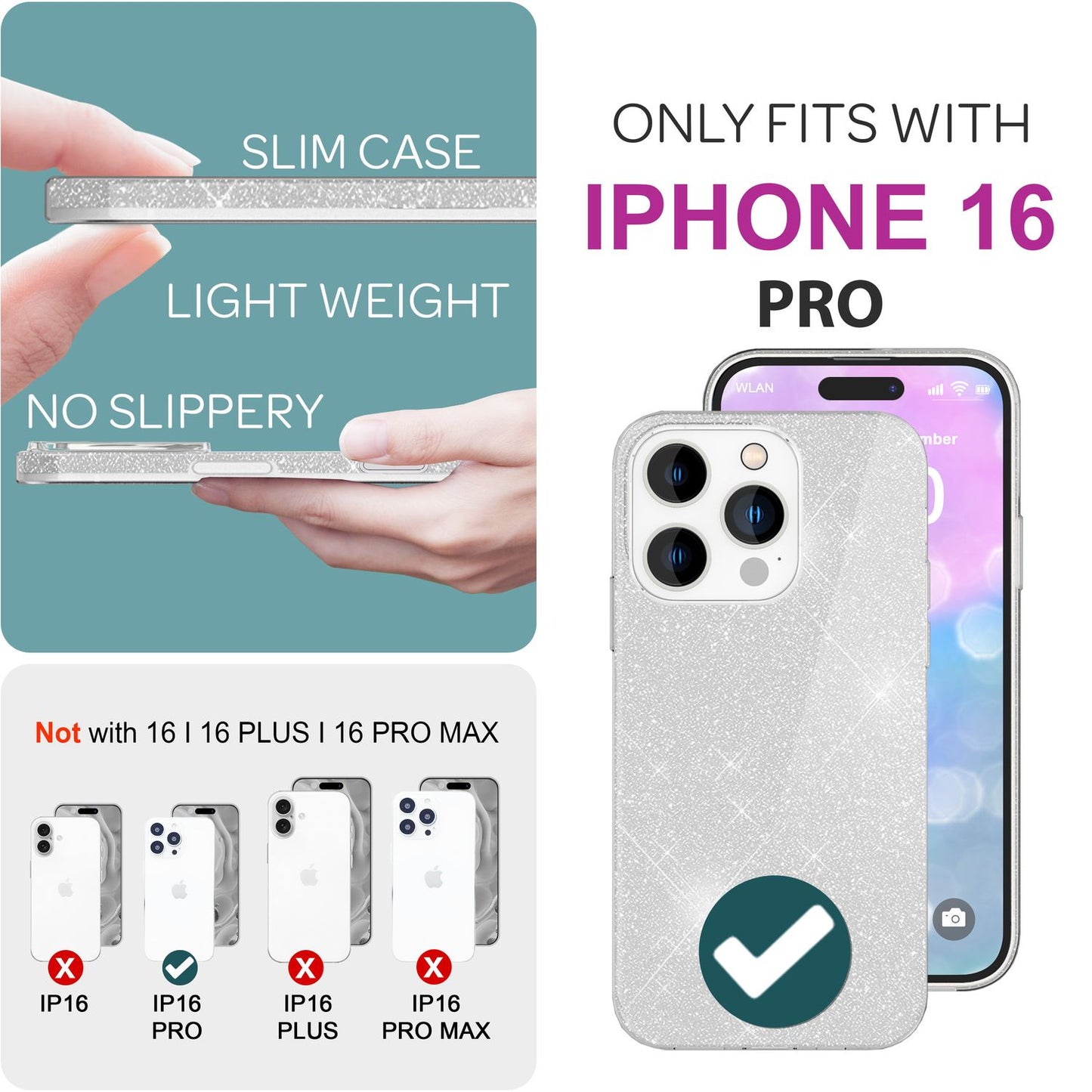 NALIA Glitter Hybrid hulstur fyrir iPhone 16 Pro, styrkt sílikon símahulstur, glansandi glitrandi hlífðarhulstur