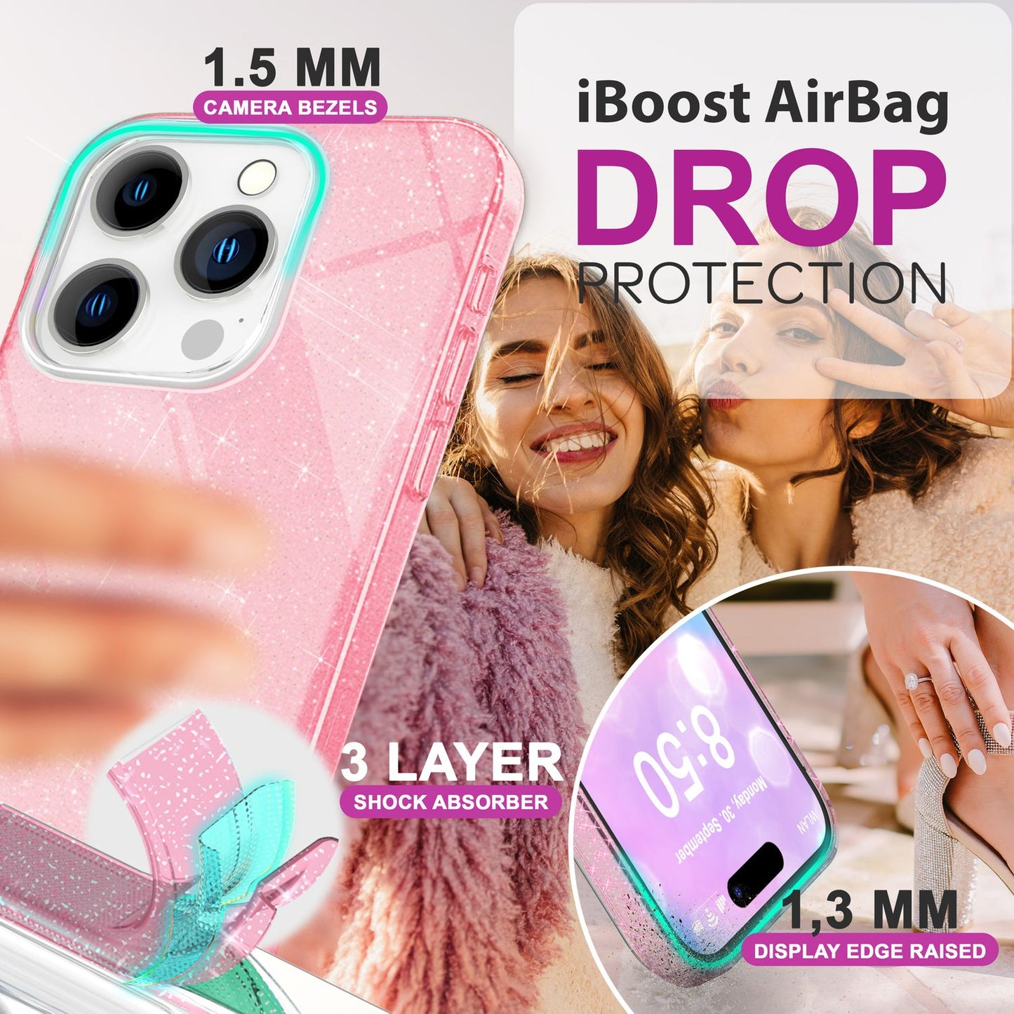 NALIA Glitter Hybrid Case for iPhone 16 Pro Max, Reinforced Silicone Phone Case, Shiny Glitter Case Cover