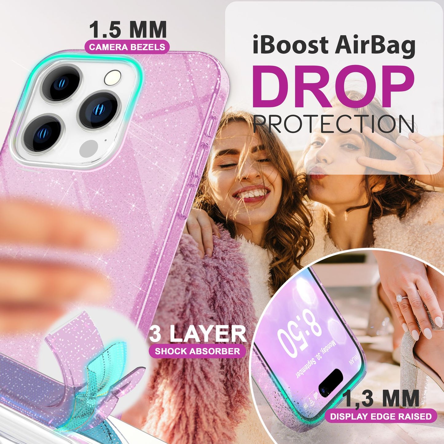 NALIA Glitter Hybrid Case for iPhone 16 Pro Max, Reinforced Silicone Phone Case, Shiny Glitter Case Cover