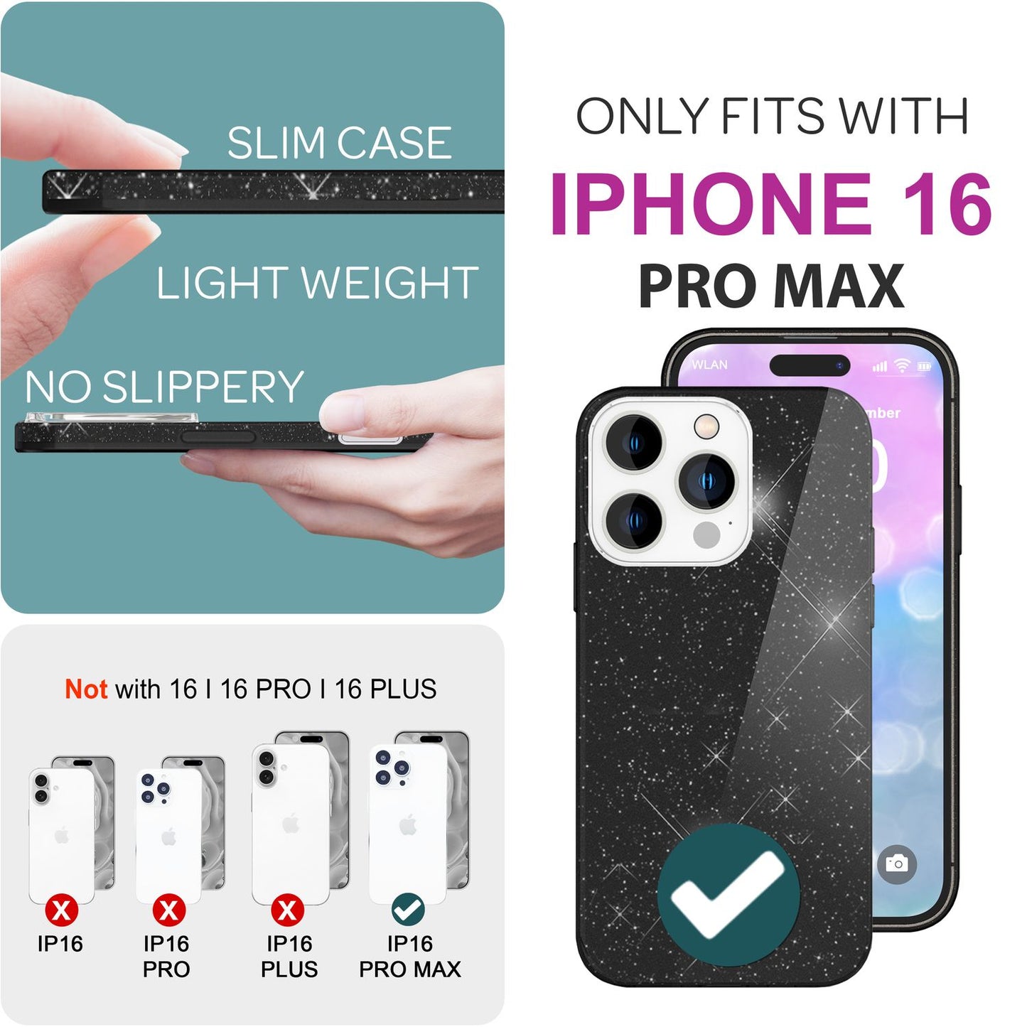 NALIA Glitter Hybrid Case for iPhone 16 Pro Max, Reinforced Silicone Phone Case, Shiny Glitter Case Cover