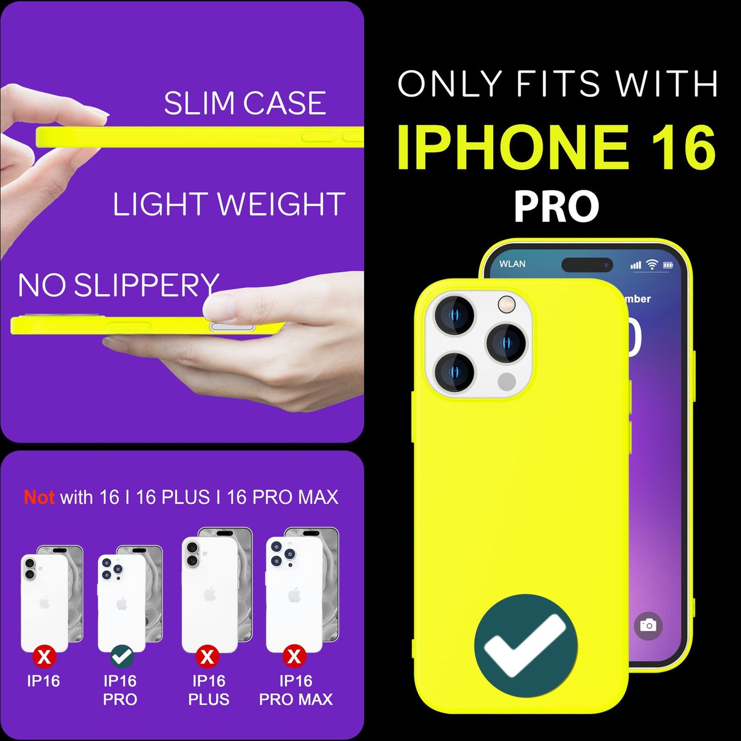 NALIA litríkt neon sílikonhulstur fyrir iPhone 16 Pro, sterkt litað hulstur, símahulstur sem rennur ekki, mjúkt hulstur