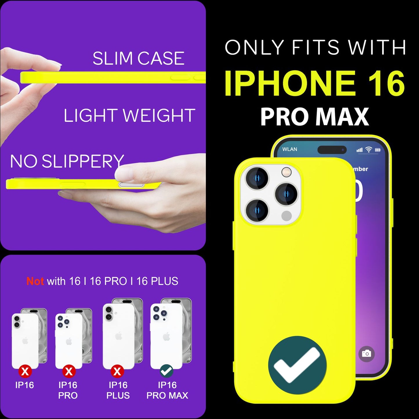 NALIA litríkt neon sílikon hulstur fyrir iPhone 16 Pro Max, sterkt litað hulstur, mjúkt símahulstur sem rennur ekki.