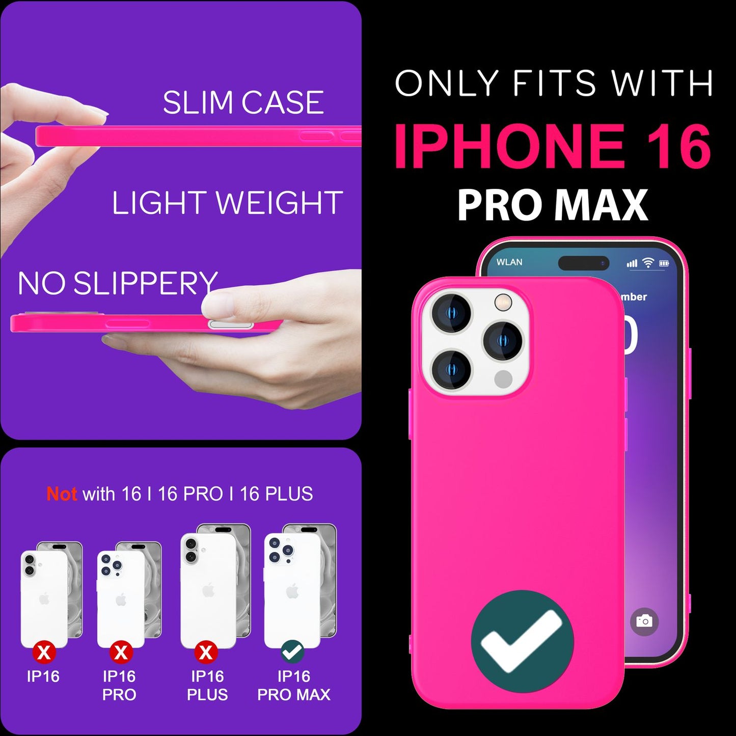 NALIA litríkt neon sílikon hulstur fyrir iPhone 16 Pro Max, sterkt litað hulstur, mjúkt símahulstur sem rennur ekki.