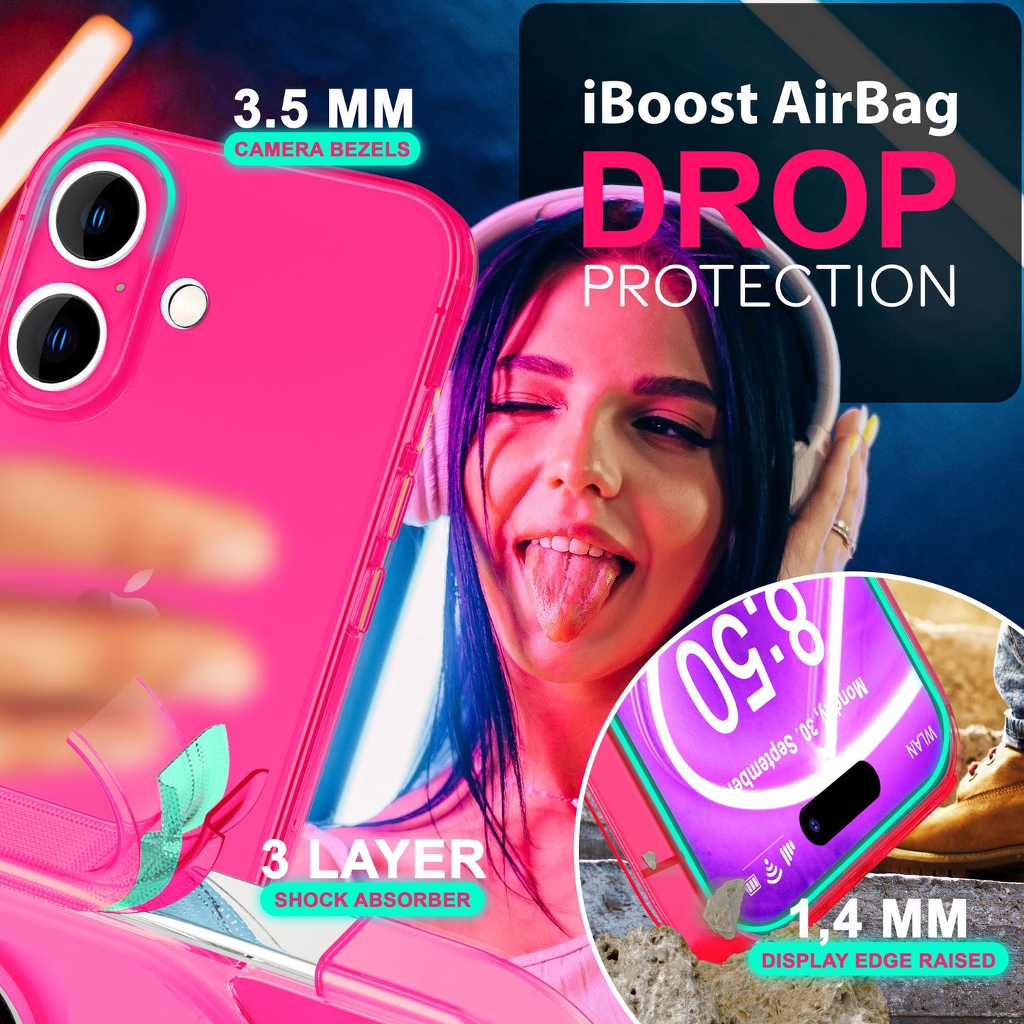 NALIA gegnsætt neon hulstur fyrir iPhone 16, sveigjanlegt símahulstur í skærum litum, gegnsætt sílikonhulstur