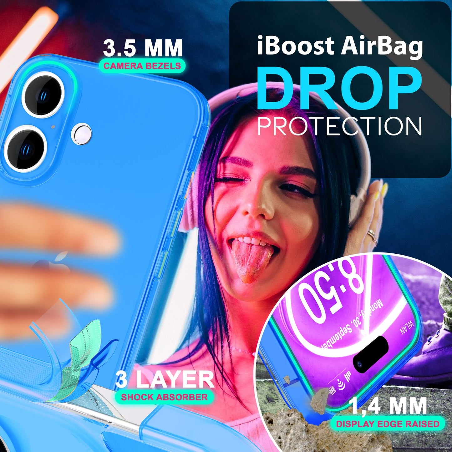 NALIA Clear Neon Case for iPhone 16 Plus, Transparent Phone Case in Vibrant Colors, Slim Silicone Case