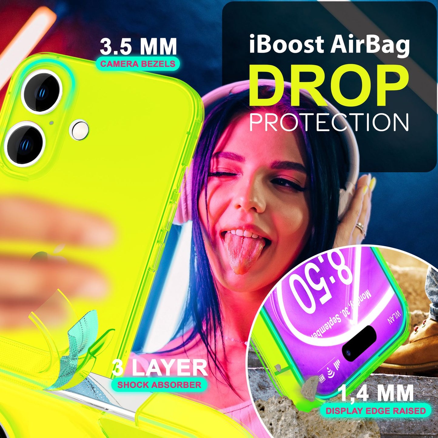 NALIA Clear Neon Case for iPhone 16 Plus, Transparent Phone Case in Vibrant Colors, Slim Silicone Case