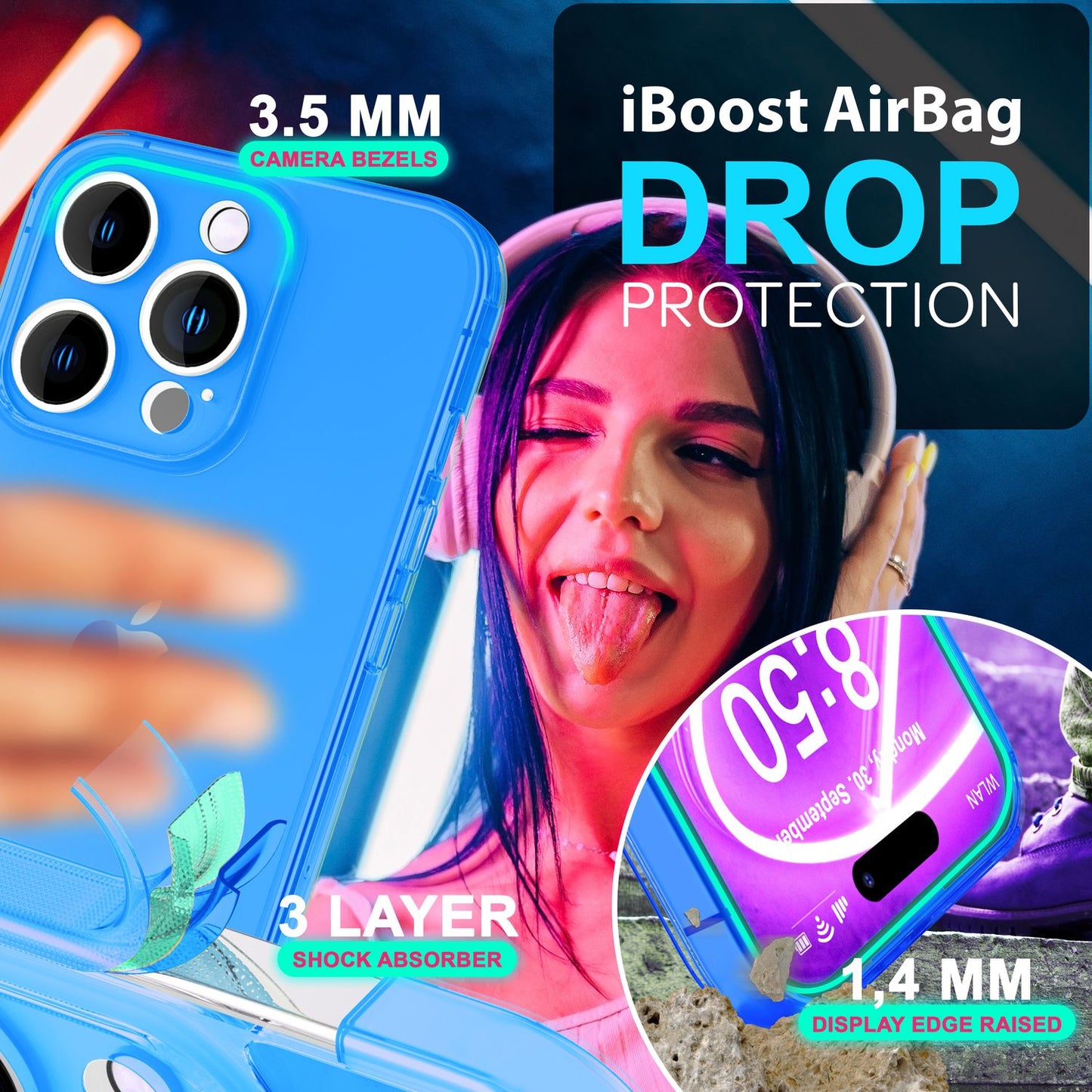 NALIA Clear Neon Case for iPhone 16 Pro, Transparent Phone Case in Vibrant Colors, Slim Silicone Case