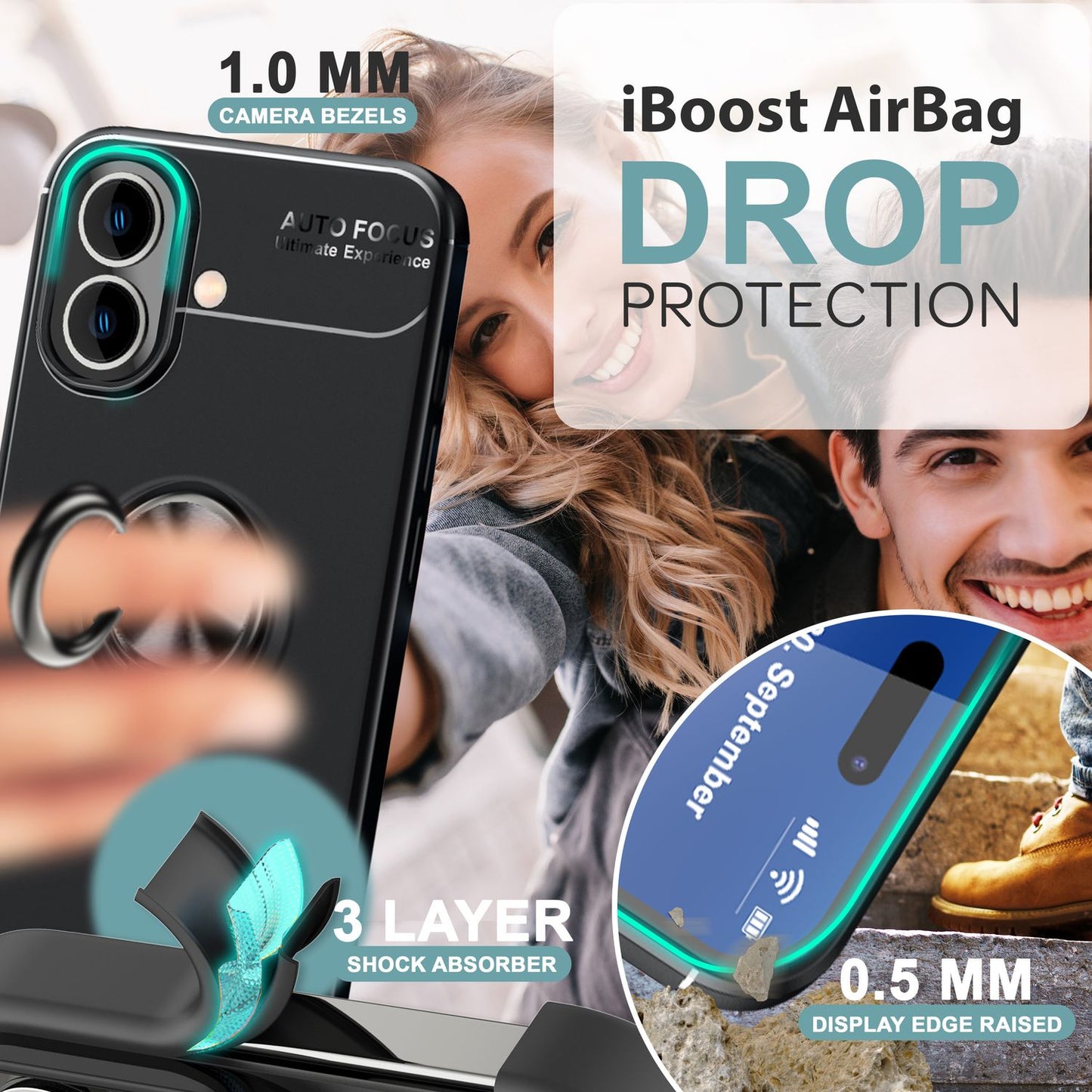 NALIA hlífðarhulstur með hring fyrir iPhone 16, mattsvart sílikonhulstur með 360° fingurfestingu fyrir standvirkni