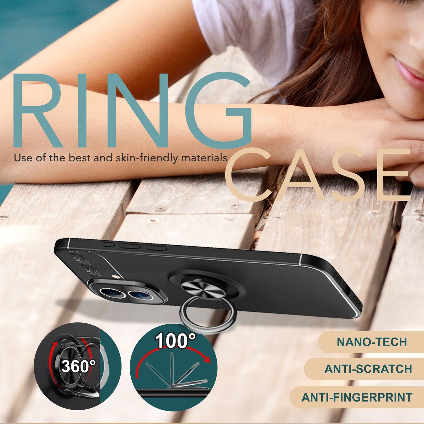 NALIA hlífðarhulstur með hring fyrir iPhone 16, mattsvart sílikonhulstur með 360° fingurfestingu fyrir standvirkni