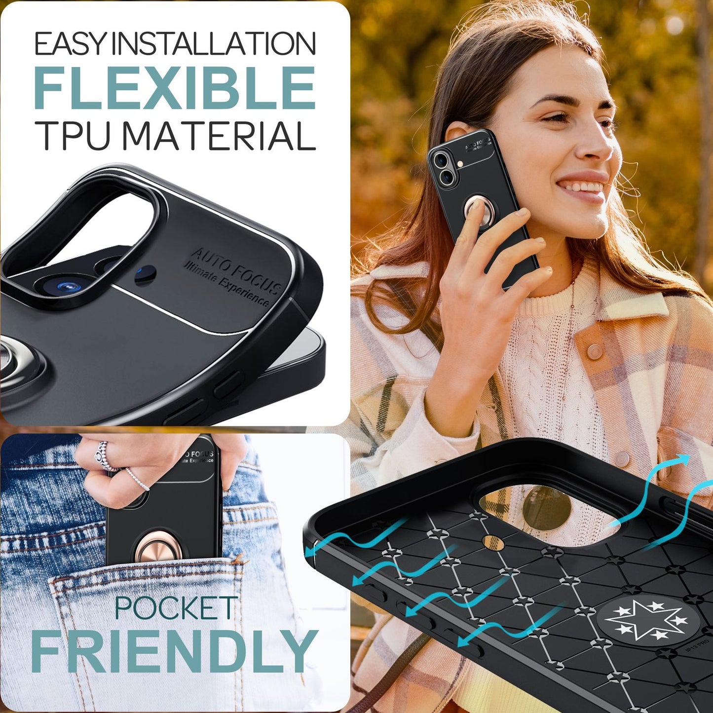 NALIA hlífðarhulstur með hring fyrir iPhone 16, mattsvart sílikonhulstur með 360° fingurfestingu fyrir standvirkni