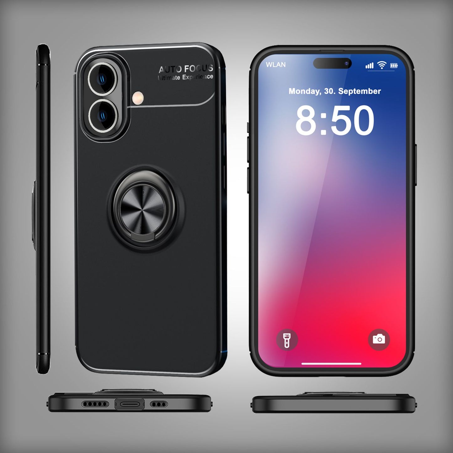 NALIA hlífðarhulstur með hring fyrir iPhone 16, mattsvart sílikonhulstur með 360° fingurfestingu fyrir standvirkni