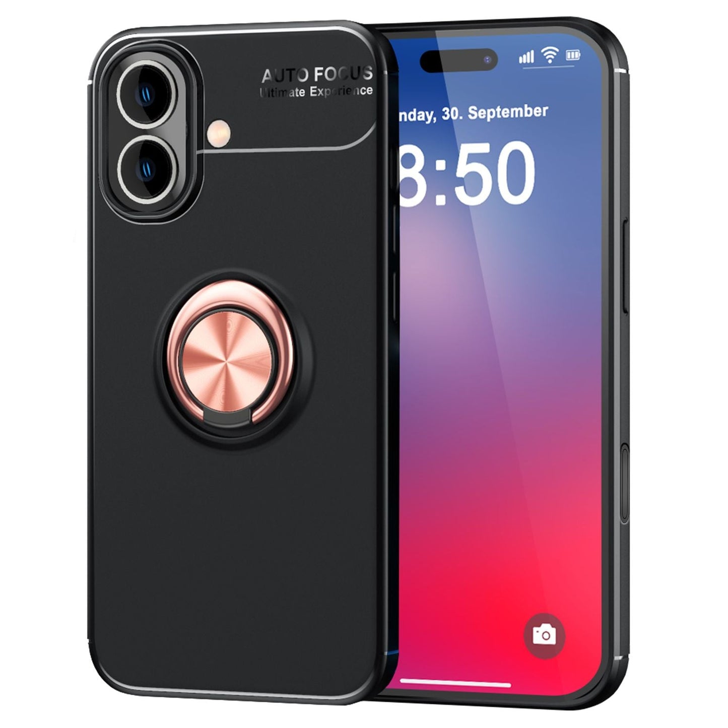 NALIA hlífðarhulstur með hring fyrir iPhone 16, mattsvart sílikonhulstur með 360° fingurfestingu fyrir standvirkni