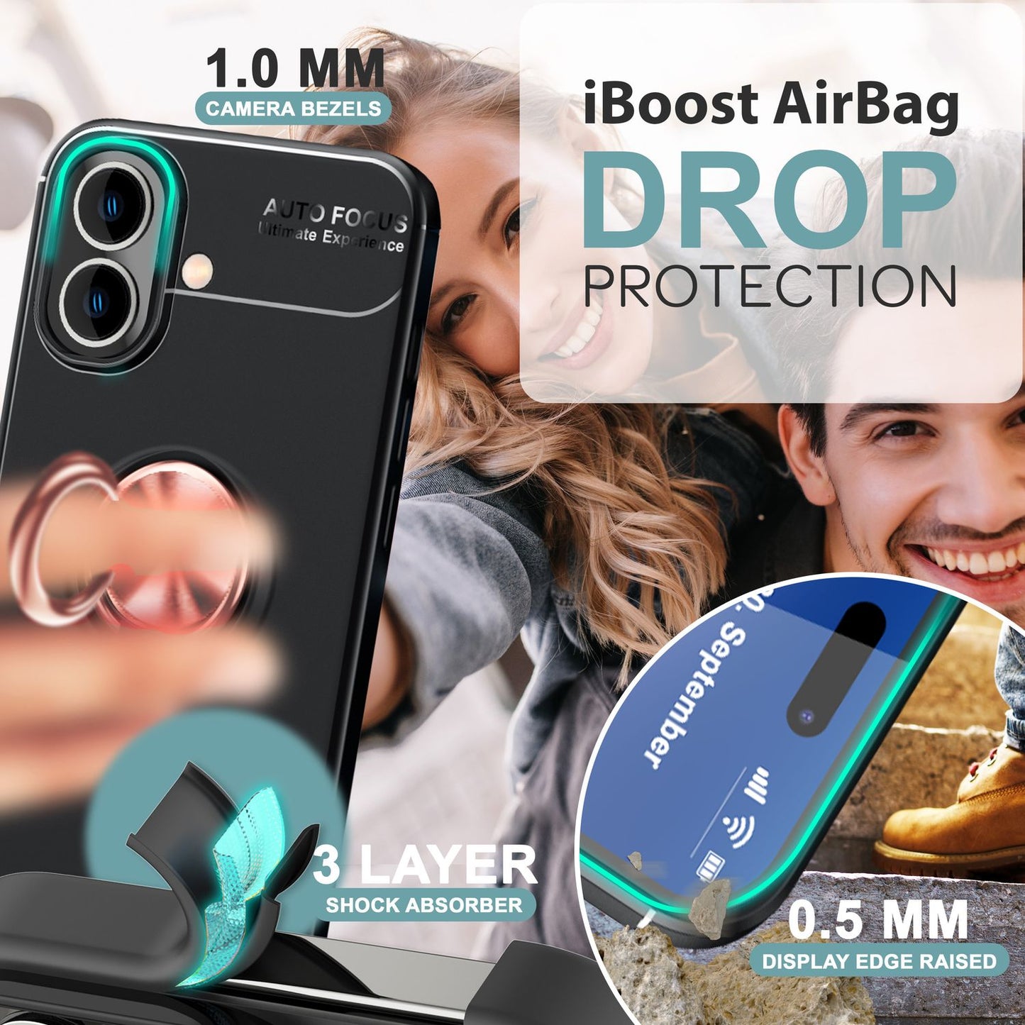 NALIA hlífðarhulstur með hring fyrir iPhone 16, mattsvart sílikonhulstur með 360° fingurfestingu fyrir standvirkni