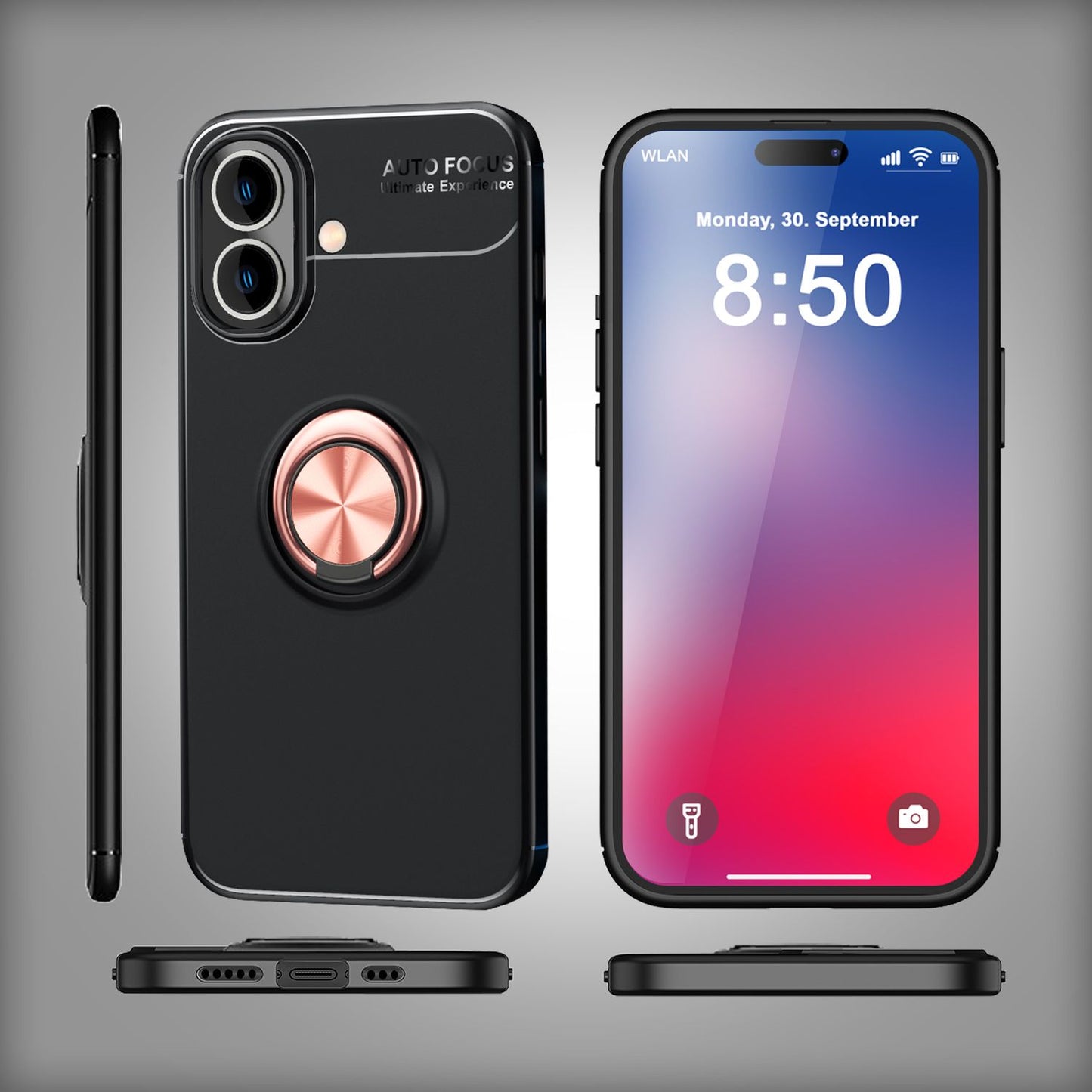 NALIA hlífðarhulstur með hring fyrir iPhone 16, mattsvart sílikonhulstur með 360° fingurfestingu fyrir standvirkni