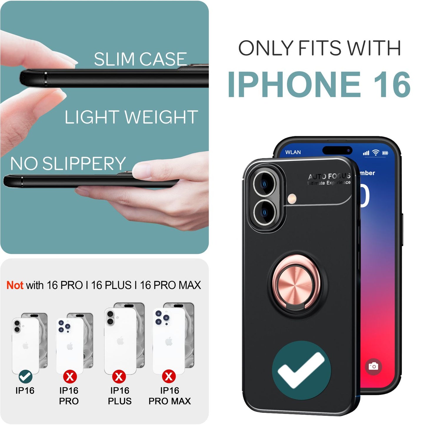 NALIA hlífðarhulstur með hring fyrir iPhone 16, mattsvart sílikonhulstur með 360° fingurfestingu fyrir standvirkni
