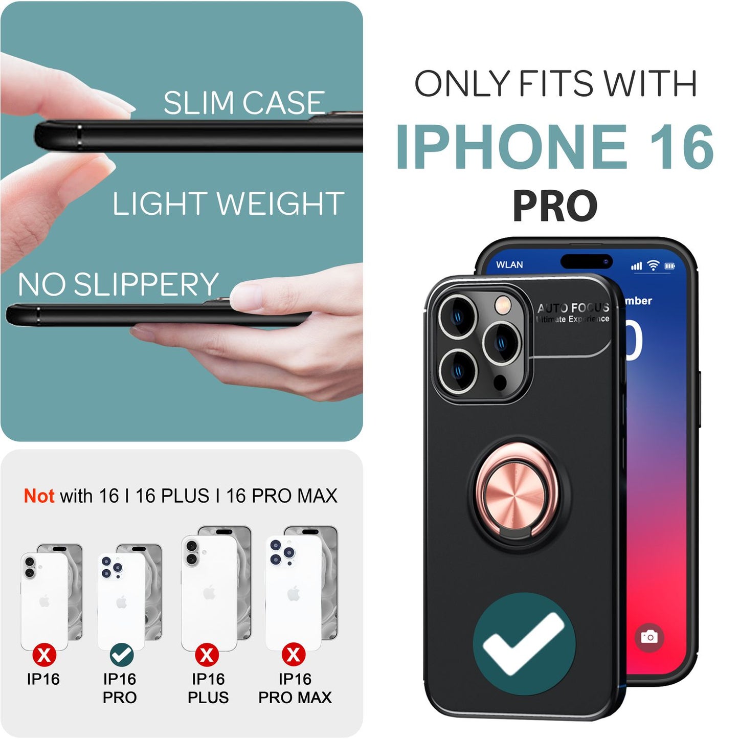NALIA hlífðarhulstur með hring fyrir iPhone 16 Pro, mattsvart sílikonhulstur með 360° fingurfestingu fyrir stand