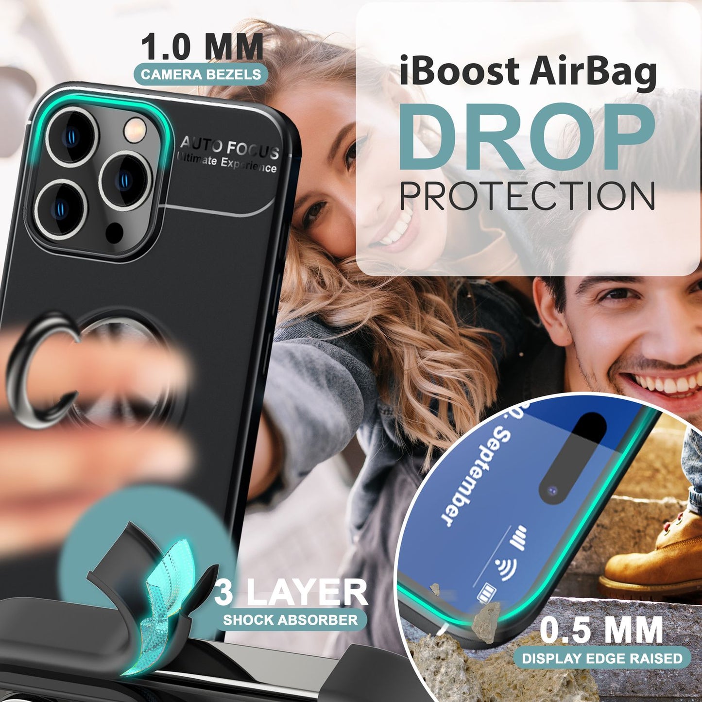 NALIA hlífðarhulstur með hring fyrir iPhone 16 Pro Max, mattsvart sílikonhulstur með 360° fingurfestingu fyrir stand