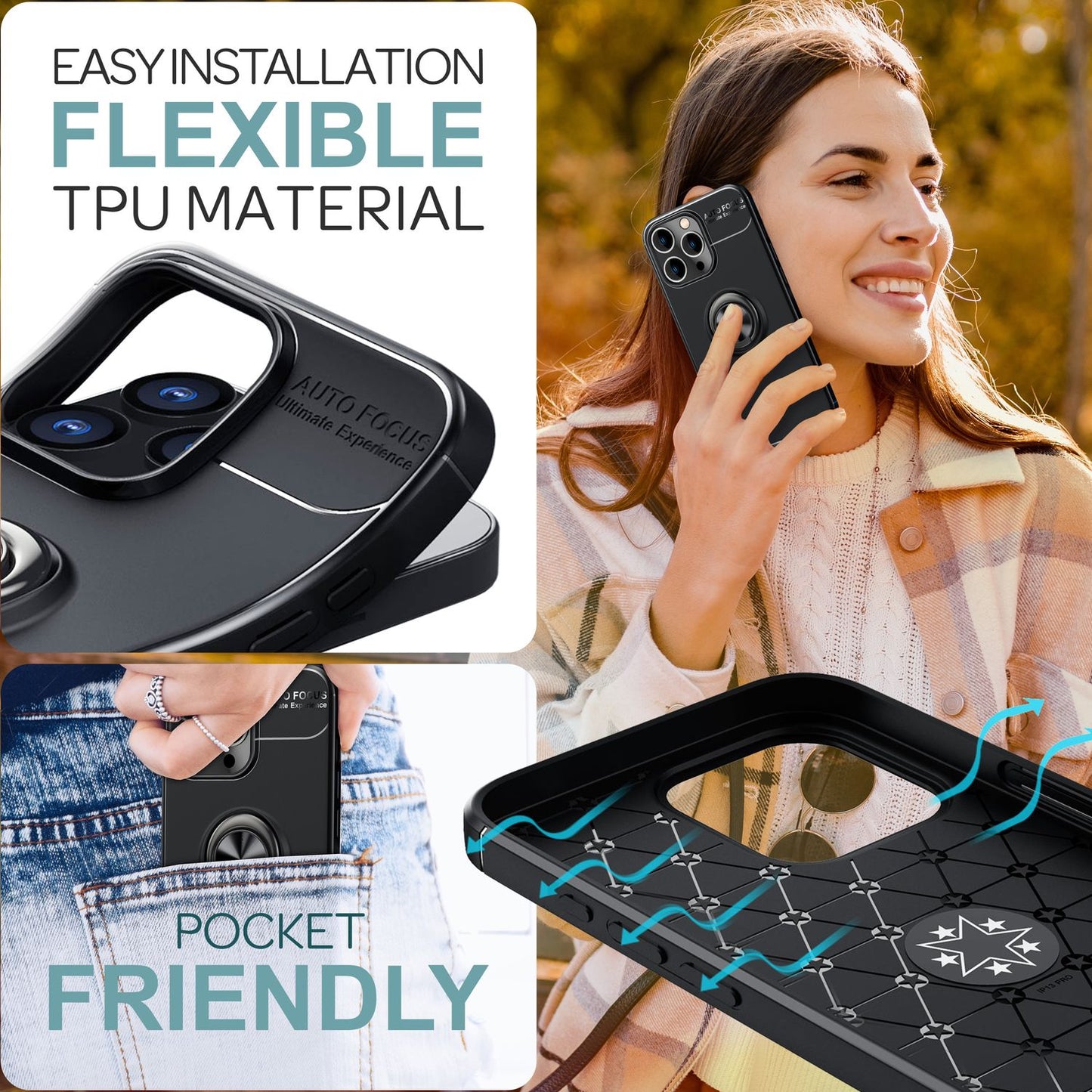 NALIA hlífðarhulstur með hring fyrir iPhone 16 Pro Max, mattsvart sílikonhulstur með 360° fingurfestingu fyrir stand