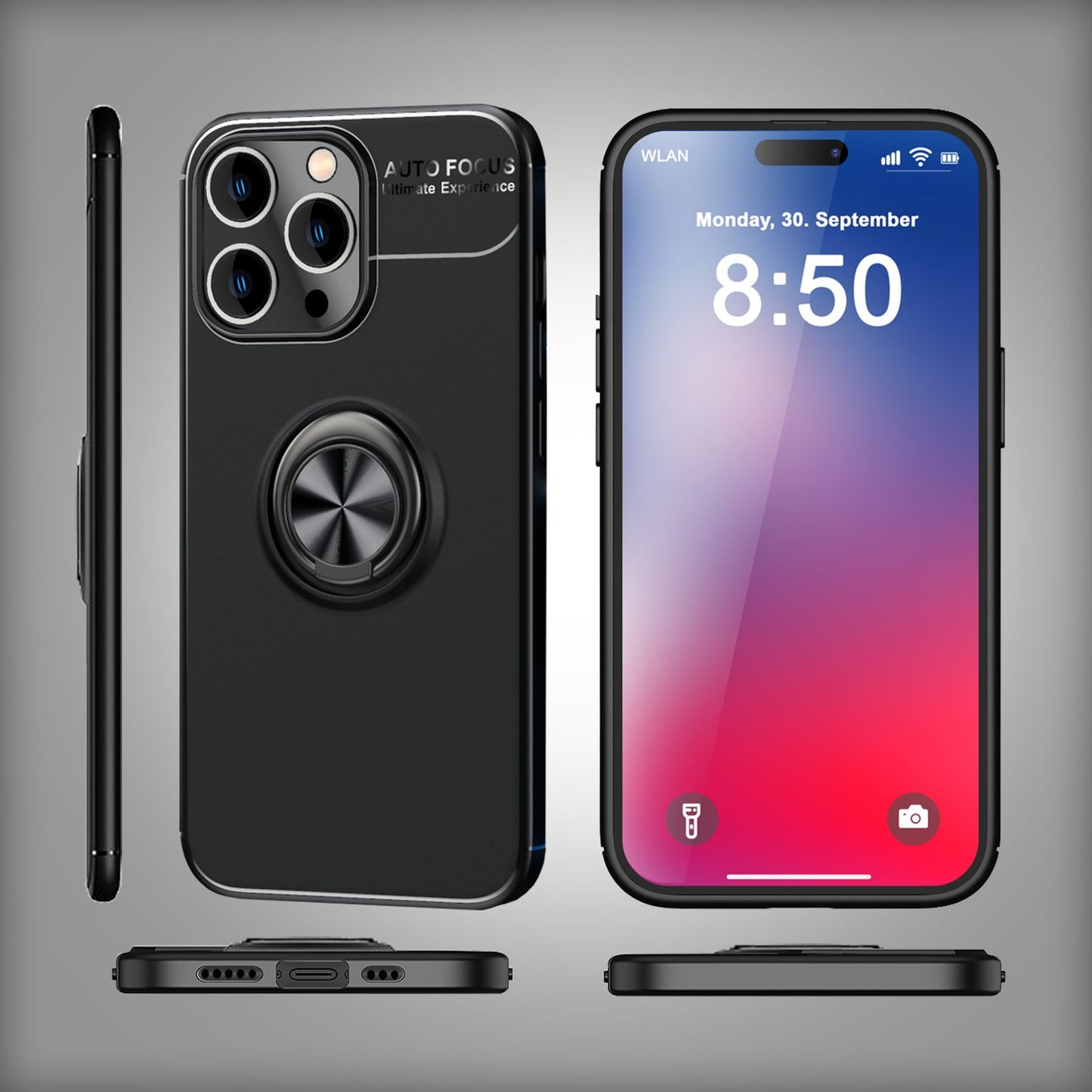 NALIA hlífðarhulstur með hring fyrir iPhone 16 Pro Max, mattsvart sílikonhulstur með 360° fingurfestingu fyrir stand