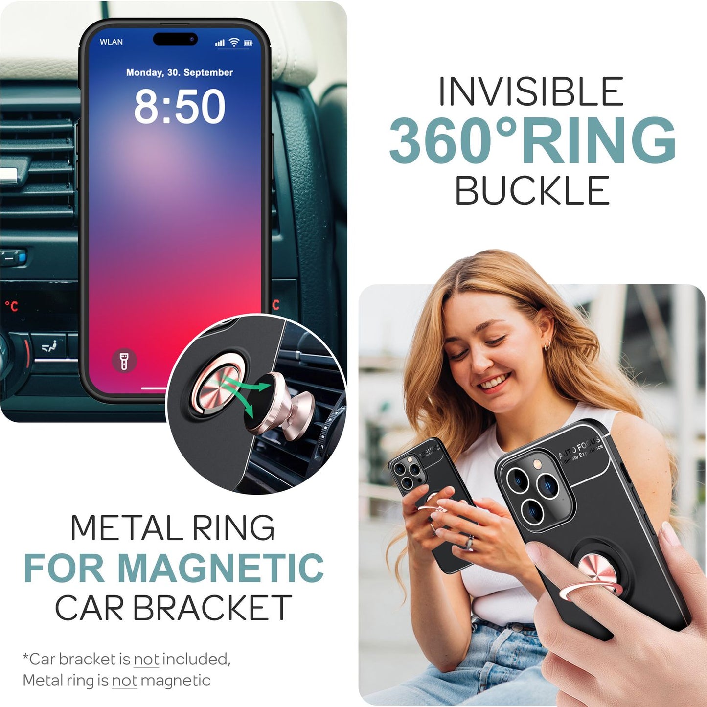 NALIA hlífðarhulstur með hring fyrir iPhone 16 Pro Max, mattsvart sílikonhulstur með 360° fingurfestingu fyrir stand