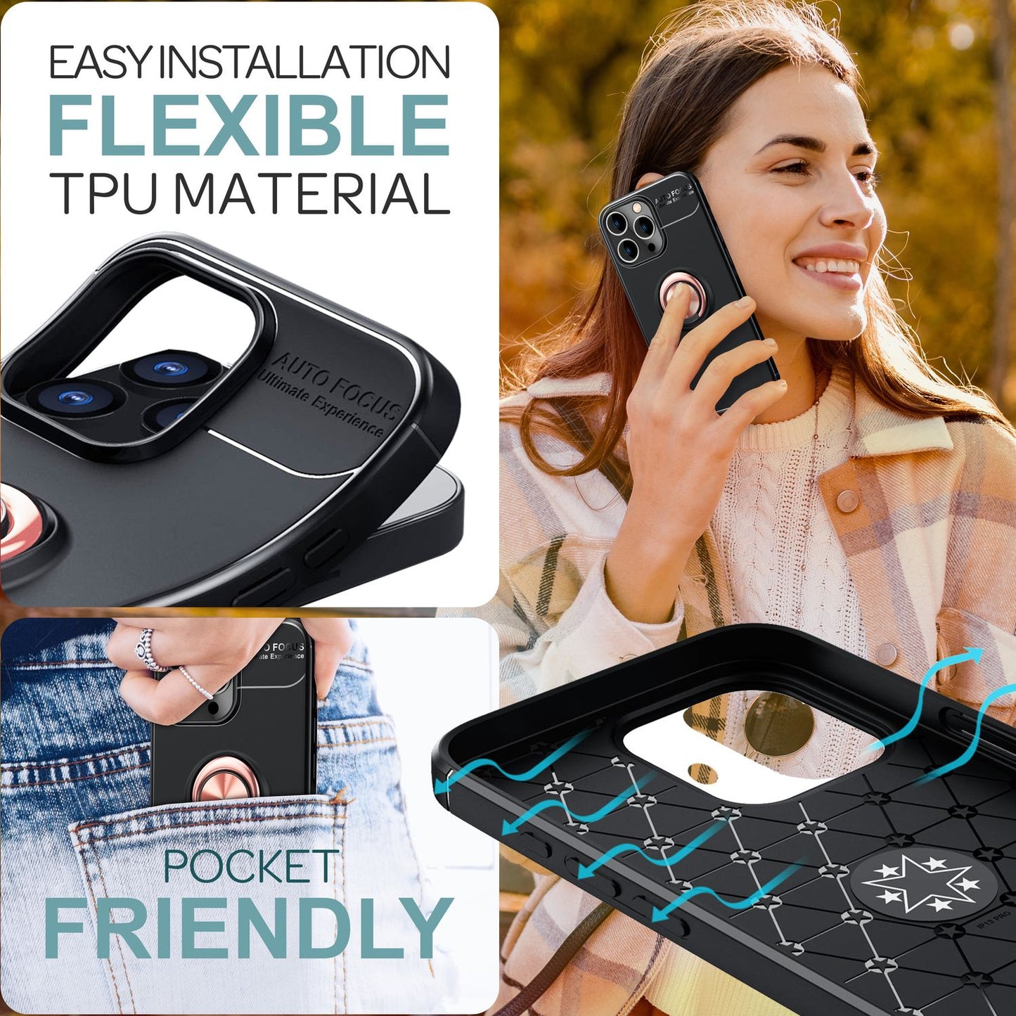 NALIA hlífðarhulstur með hring fyrir iPhone 16 Pro Max, mattsvart sílikonhulstur með 360° fingurfestingu fyrir stand