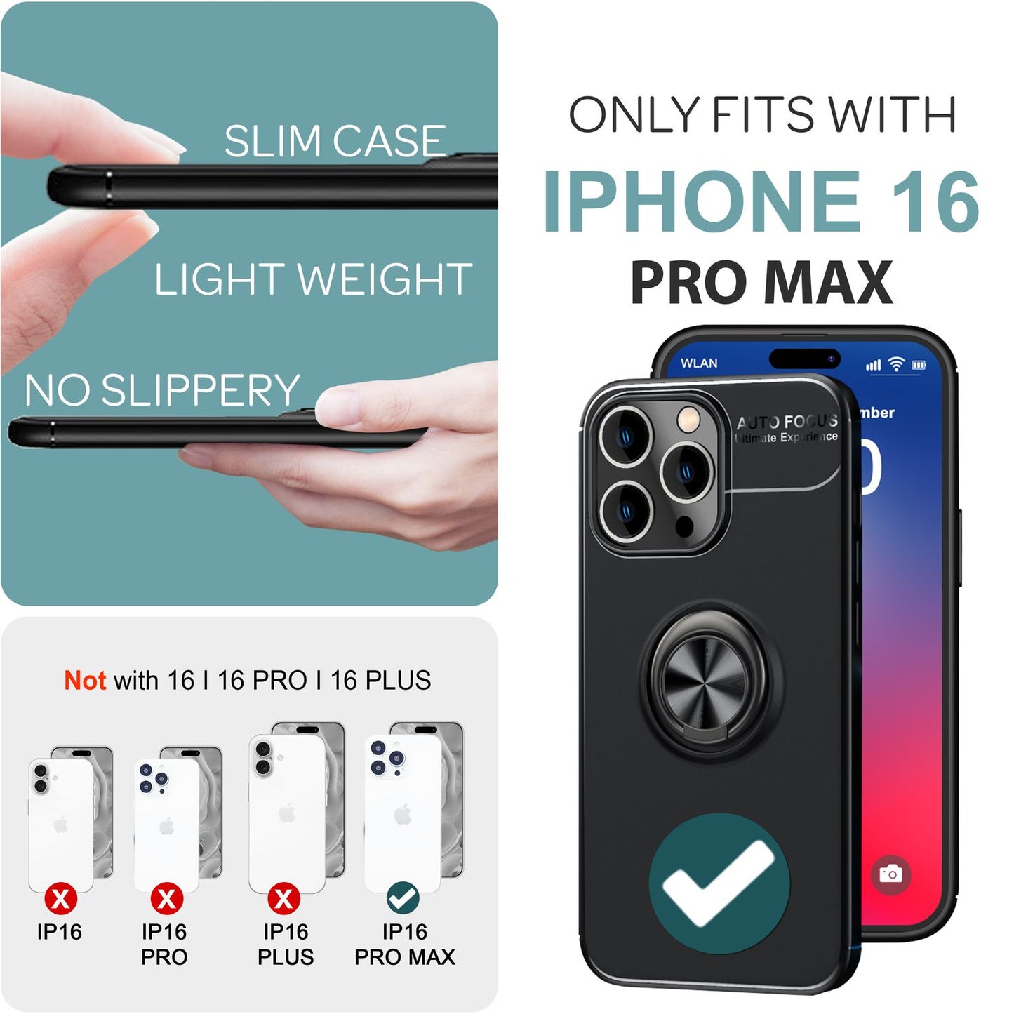 NALIA hlífðarhulstur með hring fyrir iPhone 16 Pro Max, mattsvart sílikonhulstur með 360° fingurfestingu fyrir stand