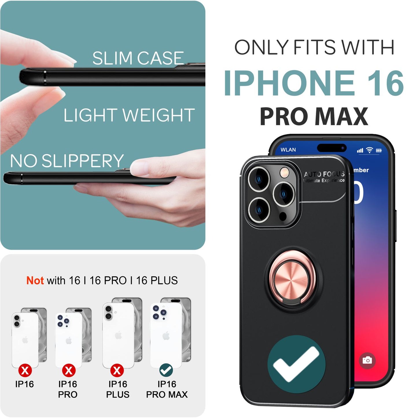 NALIA hlífðarhulstur með hring fyrir iPhone 16 Pro Max, mattsvart sílikonhulstur með 360° fingurfestingu fyrir stand