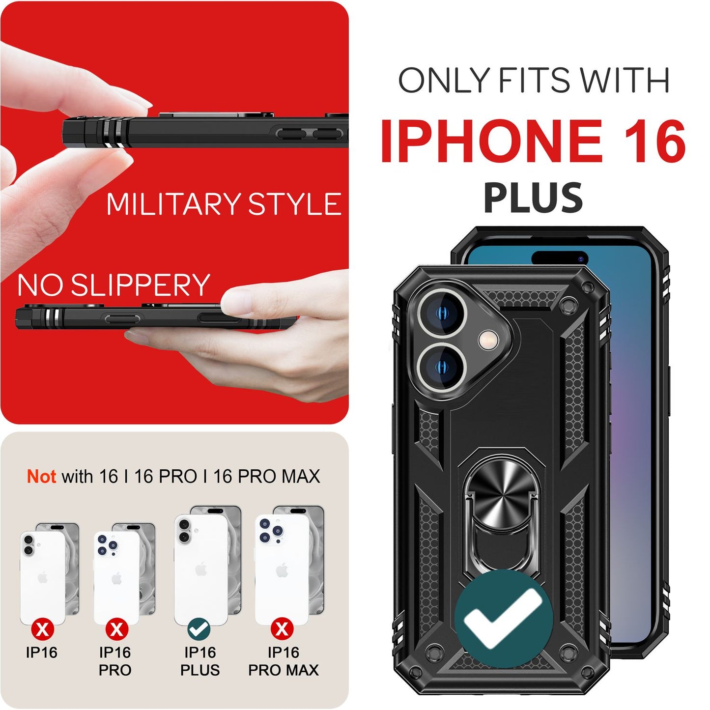 NALIA Military-Style Ring Case for iPhone 16 Plus, Extreme Protection Armored Phone Case, Hard Case with 360° Ring