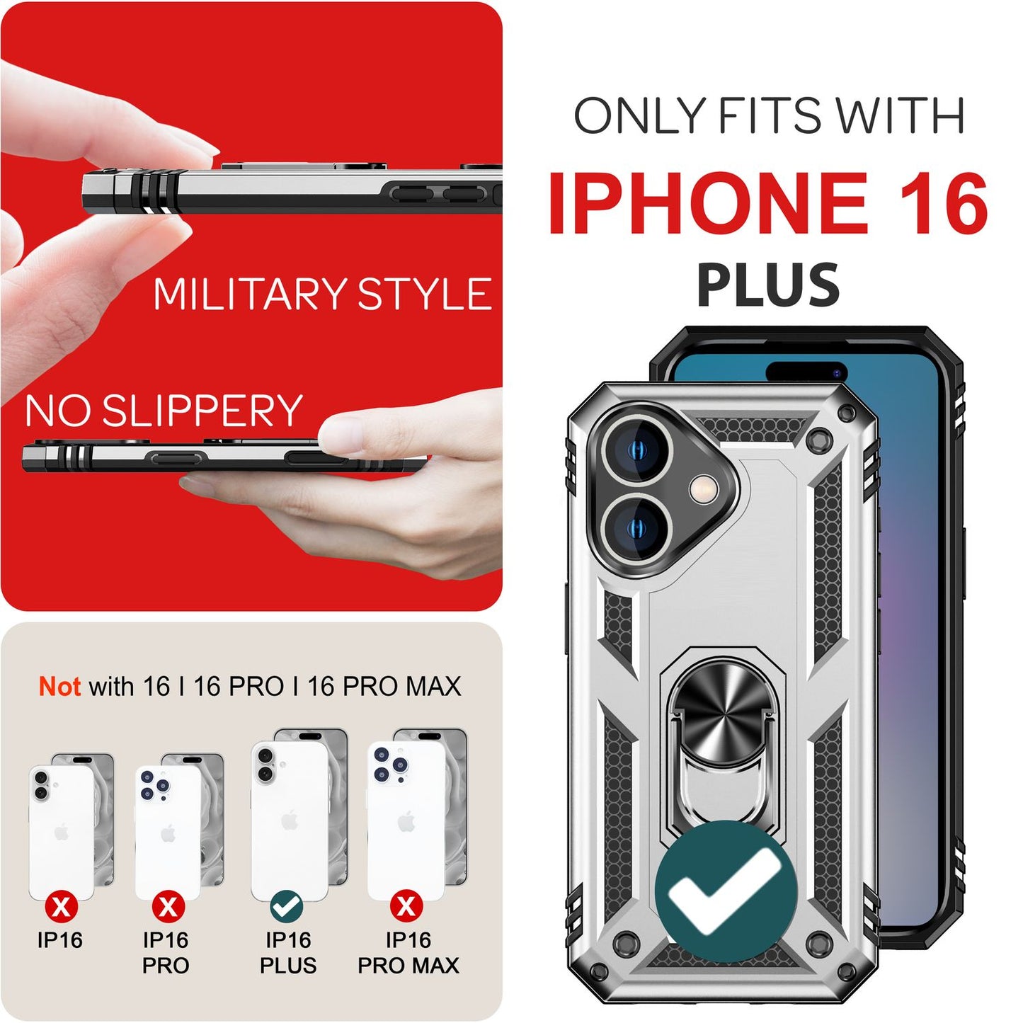 NALIA Military-Style Ring Case for iPhone 16 Plus, Extreme Protection Armored Phone Case, Hard Case with 360° Ring