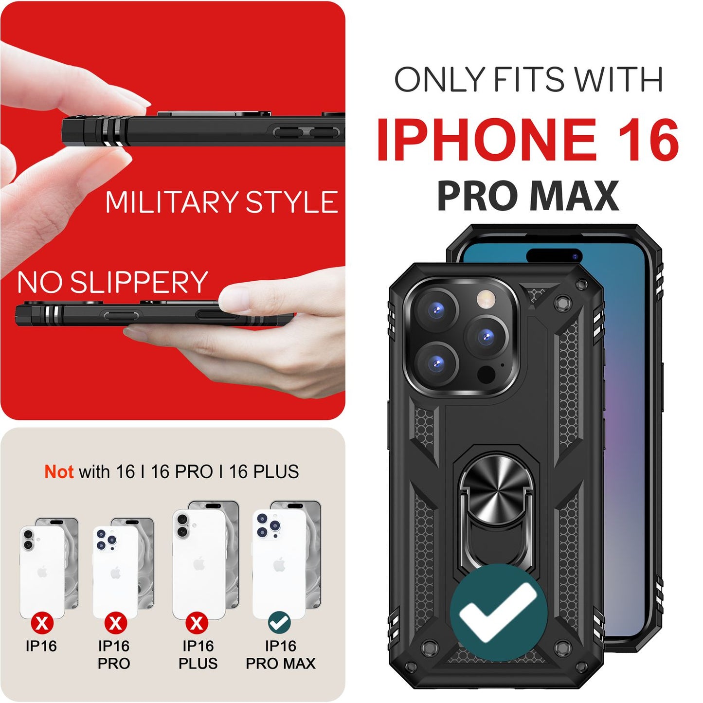 NALIA Military-Style Ring Case for iPhone 16 Pro Max, Extreme Protection Phone Case, Hard Case with 360° Ring