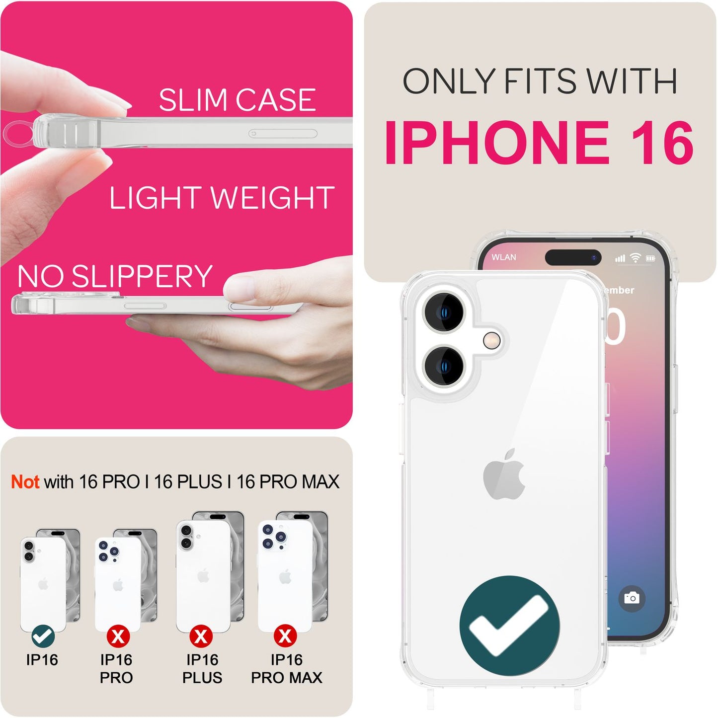 NALIA Clear Case with Neck Strap for iPhone 16, Transparent Protective Case with Phone Chain, Phone Case