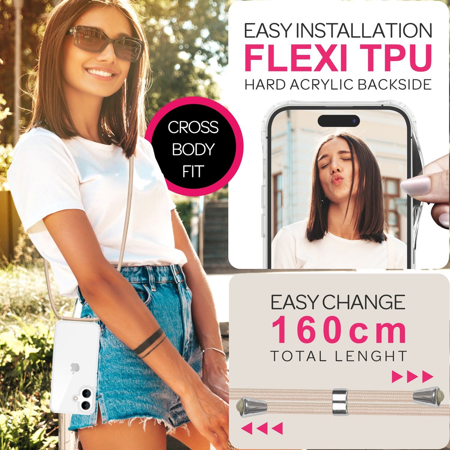 NALIA Clear Case with Neck Strap for iPhone 16, Transparent Protective Case with Phone Chain, Phone Case