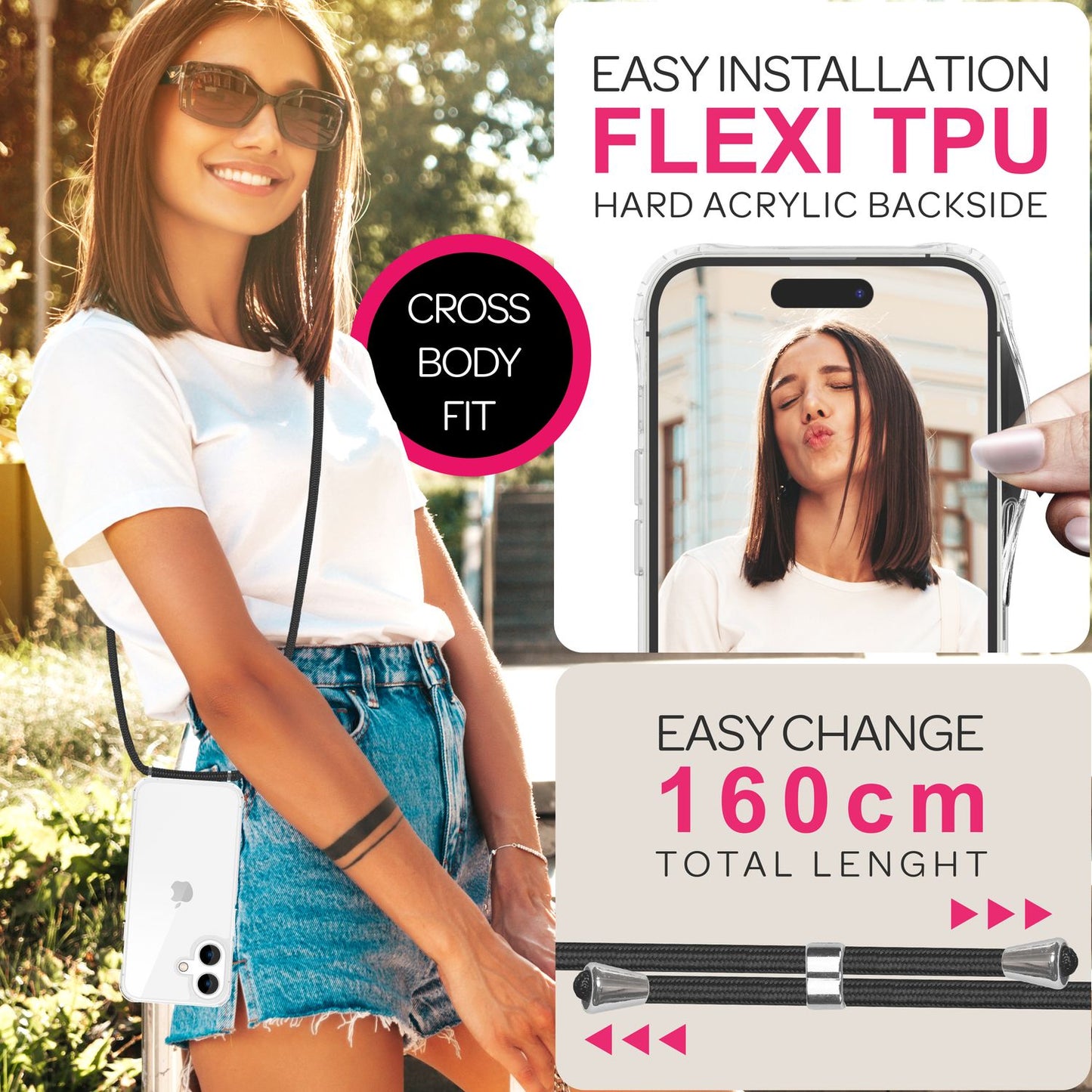 NALIA Clear Case with Neck Strap for iPhone 16, Transparent Protective Case with Phone Chain, Phone Case