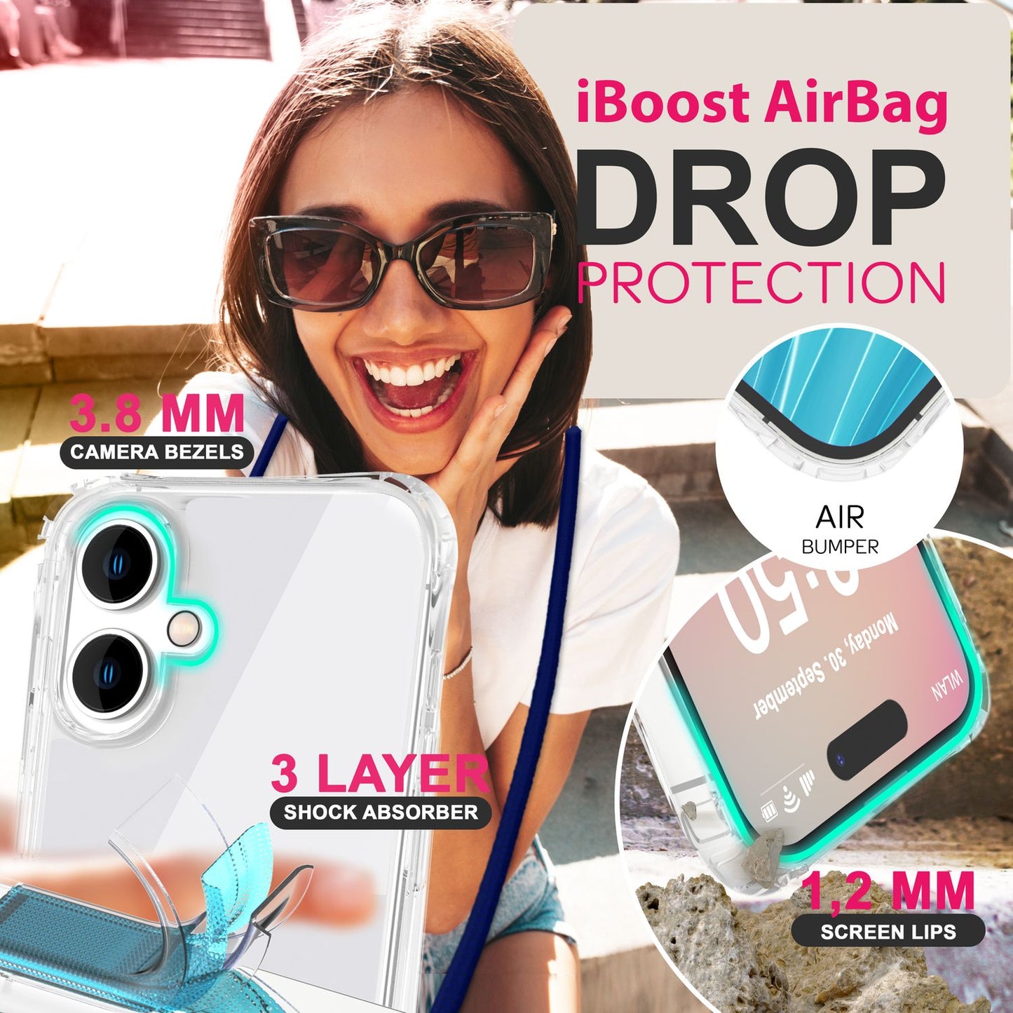 NALIA Clear Case with Neck Strap for iPhone 16, Transparent Protective Case with Phone Chain, Phone Case