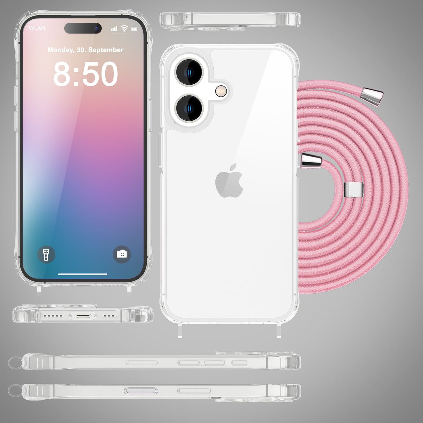 NALIA Clear Case with Neck Strap for iPhone 16, Transparent Protective Case with Phone Chain, Phone Case