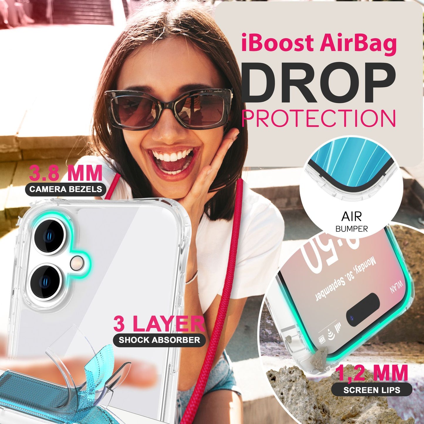 NALIA Clear Case with Neck Strap for iPhone 16, Transparent Protective Case with Phone Chain, Phone Case