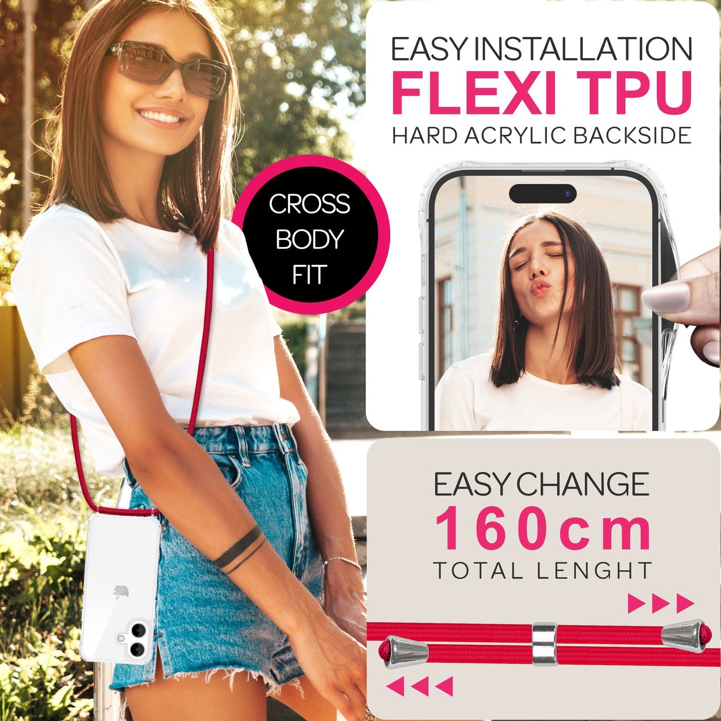 NALIA Clear Case with Neck Strap for iPhone 16, Transparent Protective Case with Phone Chain, Phone Case