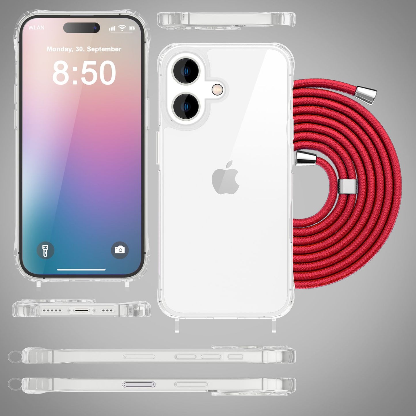 NALIA Clear Case with Neck Strap for iPhone 16, Transparent Protective Case with Phone Chain, Phone Case