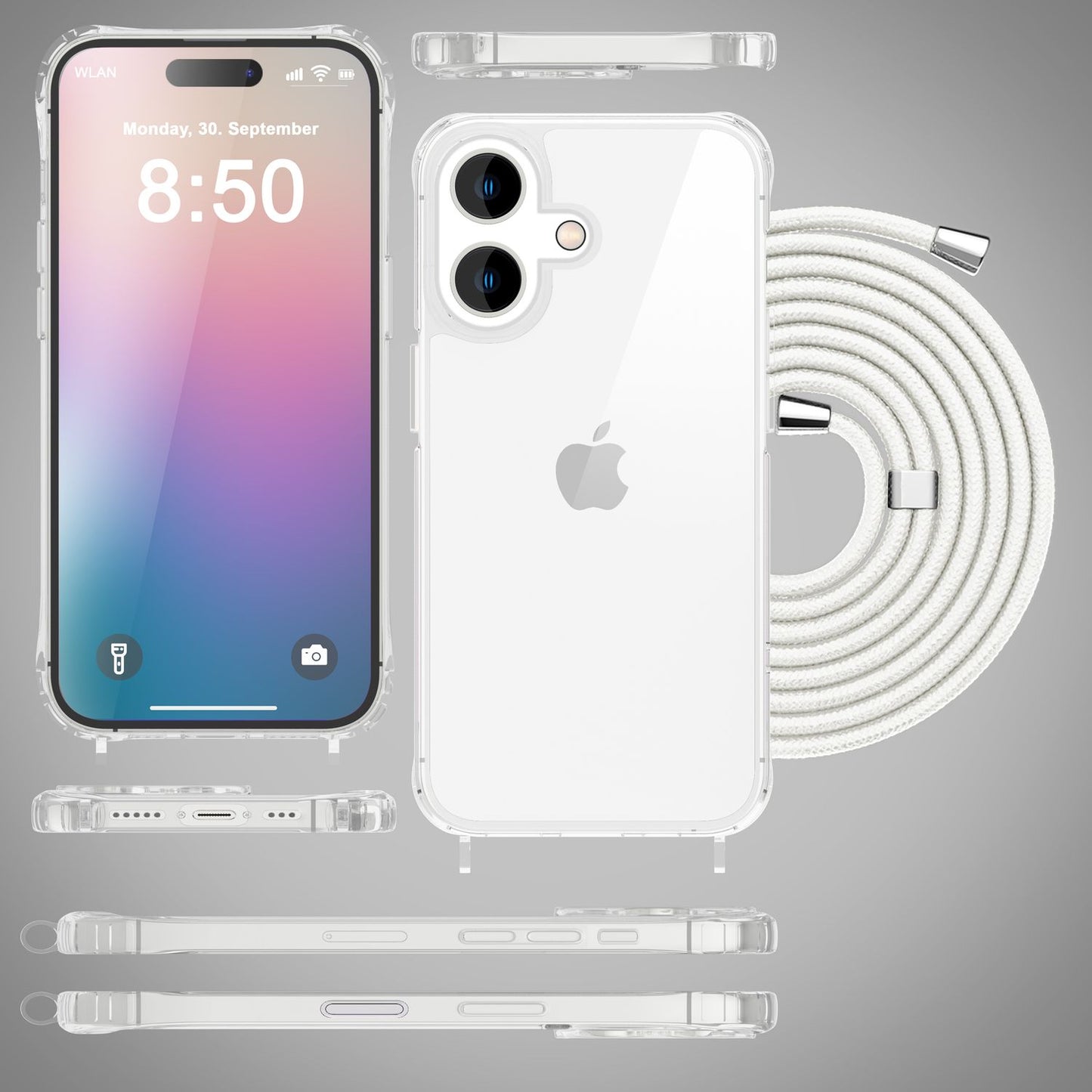 NALIA Clear Case with Neck Strap for iPhone 16, Transparent Protective Case with Phone Chain, Phone Case