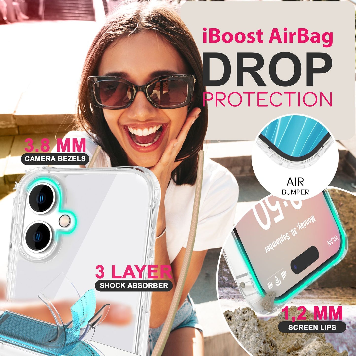 NALIA Clear Case with Neck Strap for iPhone 16 Plus, Transparent Protective Phone Case with Phone Chain