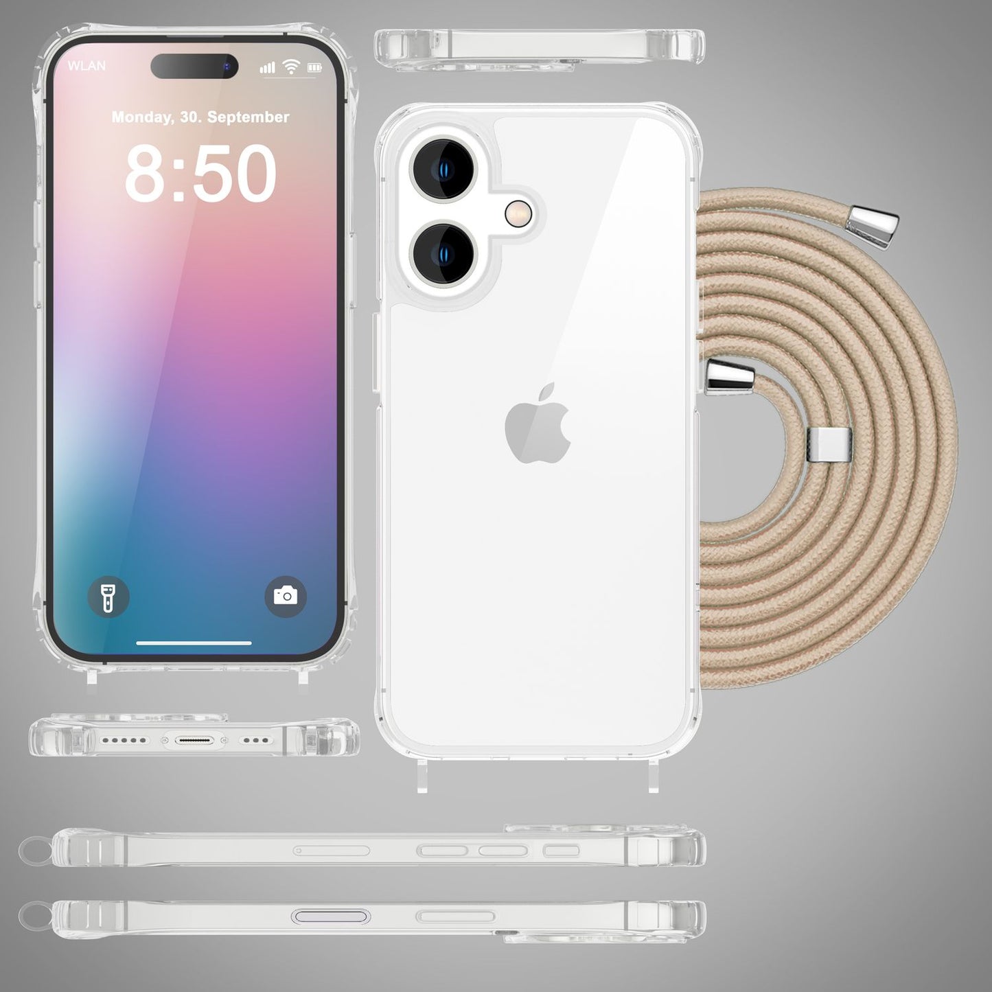 NALIA Clear Case with Neck Strap for iPhone 16 Plus, Transparent Protective Phone Case with Phone Chain
