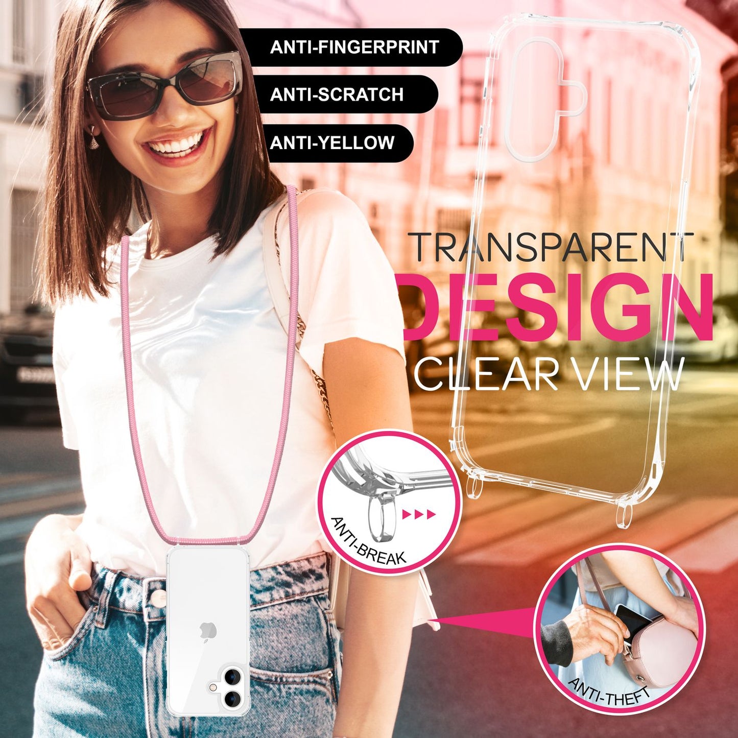 NALIA Clear Case with Neck Strap for iPhone 16 Plus, Transparent Protective Phone Case with Phone Chain