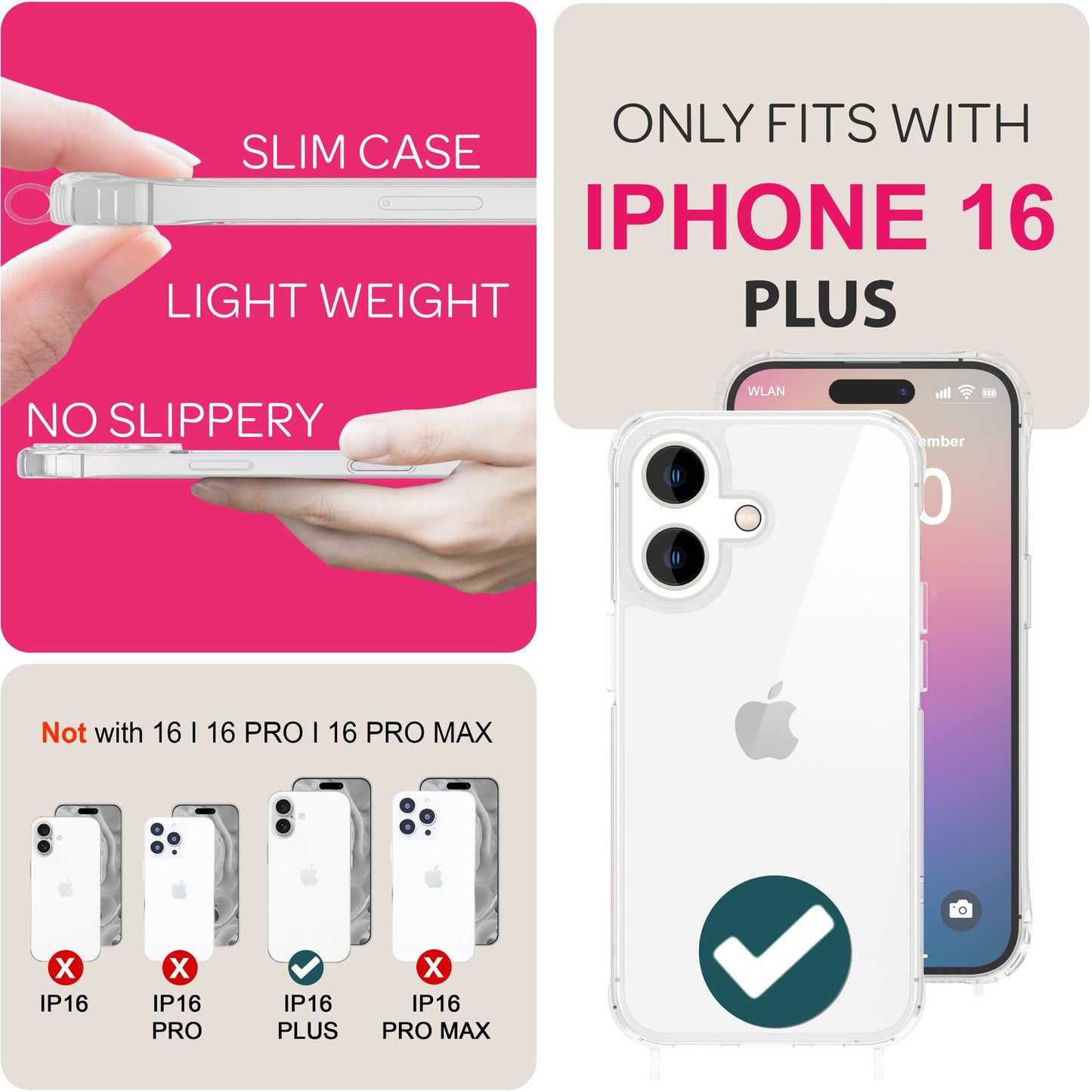 NALIA Clear Case with Neck Strap for iPhone 16 Plus, Transparent Protective Phone Case with Phone Chain