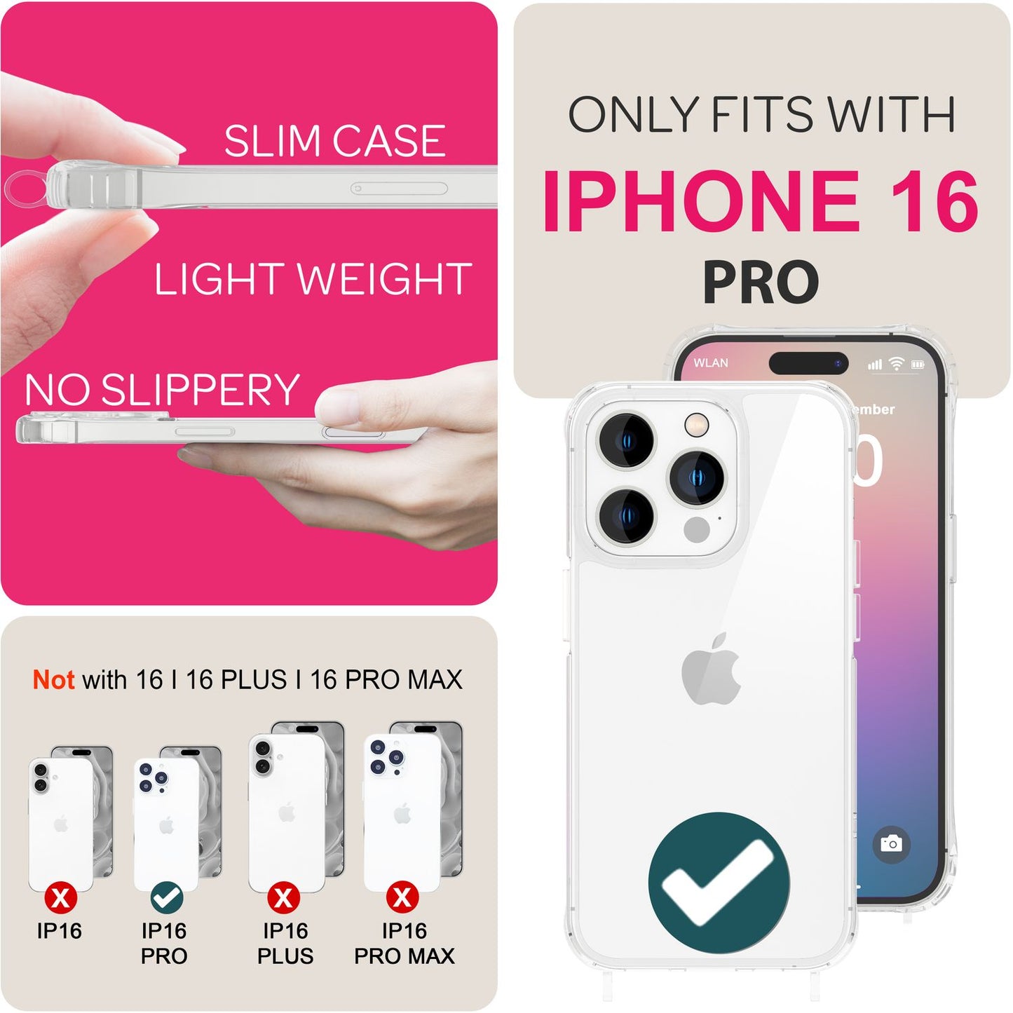 NALIA Clear Case with Neck Strap for iPhone 16 Pro, Transparent Protective Phone Case with Phone Chain