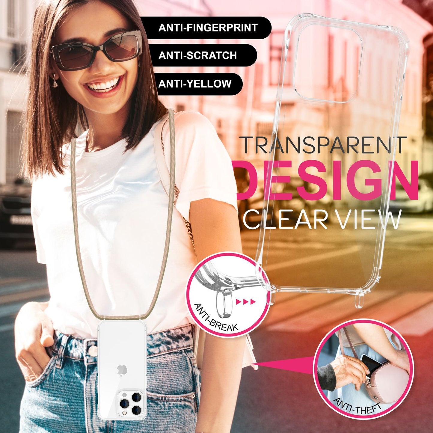 NALIA Clear Case with Neck Strap for iPhone 16 Pro, Transparent Protective Phone Case with Phone Chain