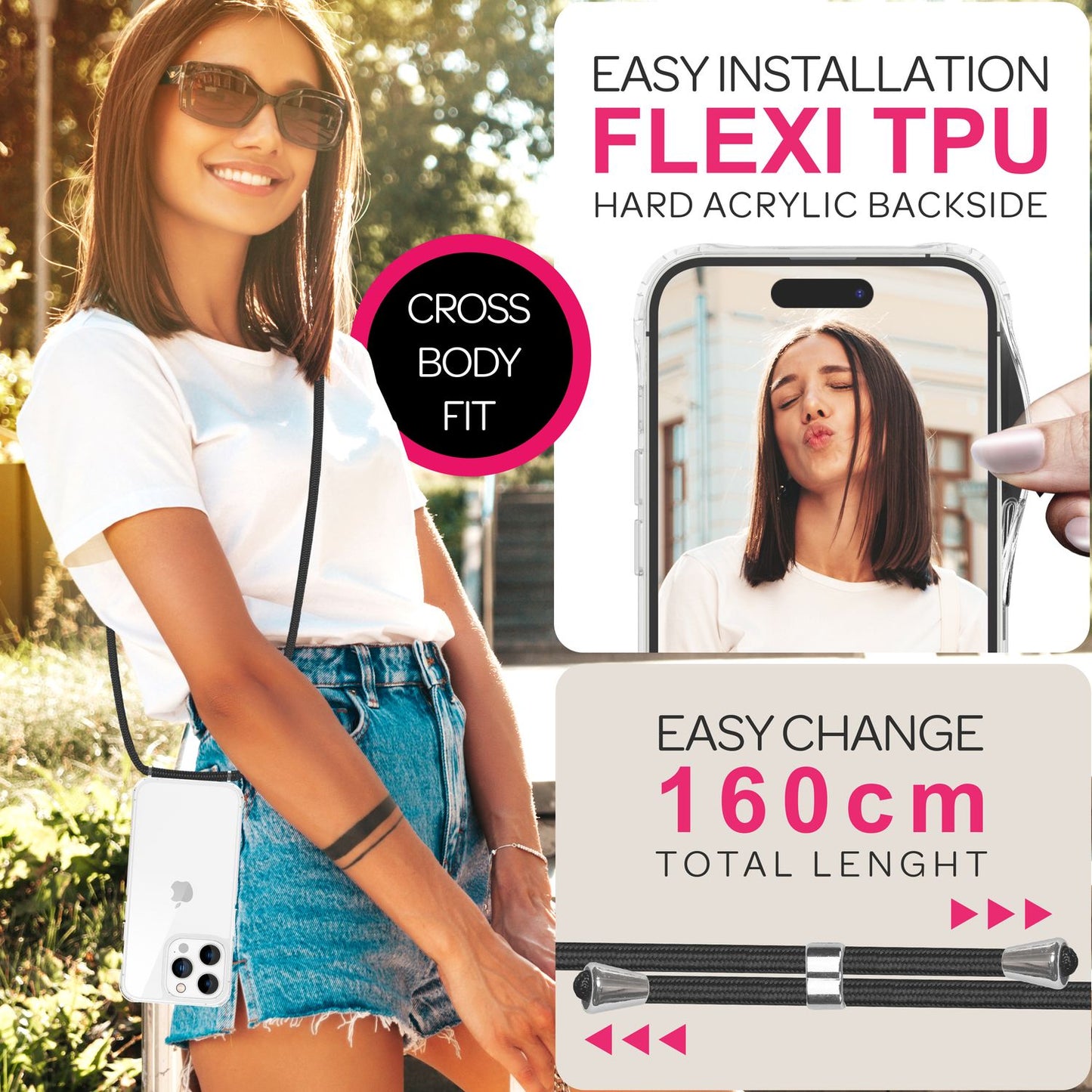 NALIA Clear Case with Neck Strap for iPhone 16 Pro, Transparent Protective Phone Case with Phone Chain