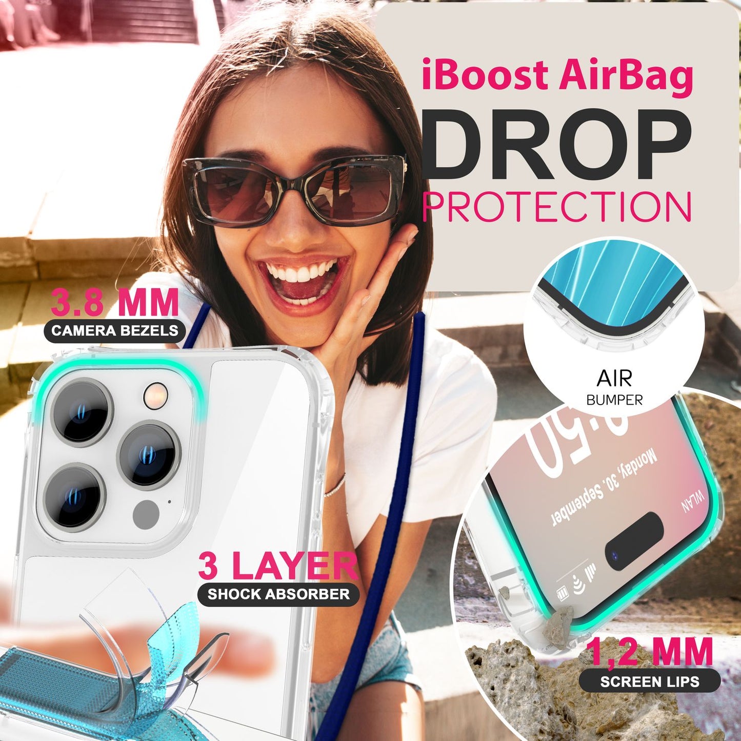 NALIA Clear Case with Neck Strap for iPhone 16 Pro, Transparent Protective Phone Case with Phone Chain